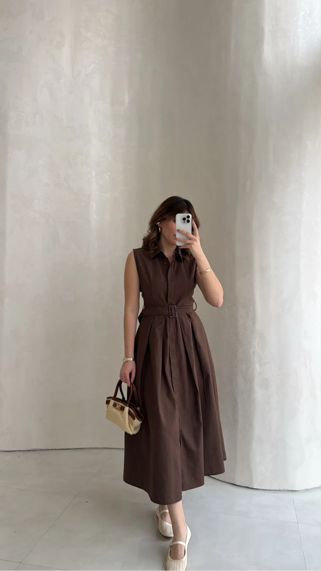 Keten Sıfır Kol Kuşaklı Elbise - Kahverengi - Kod: 580905