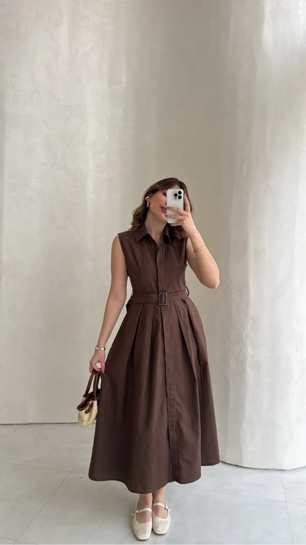 Keten Sıfır Kol Kuşaklı Elbise - Kahverengi - Kod: 580905