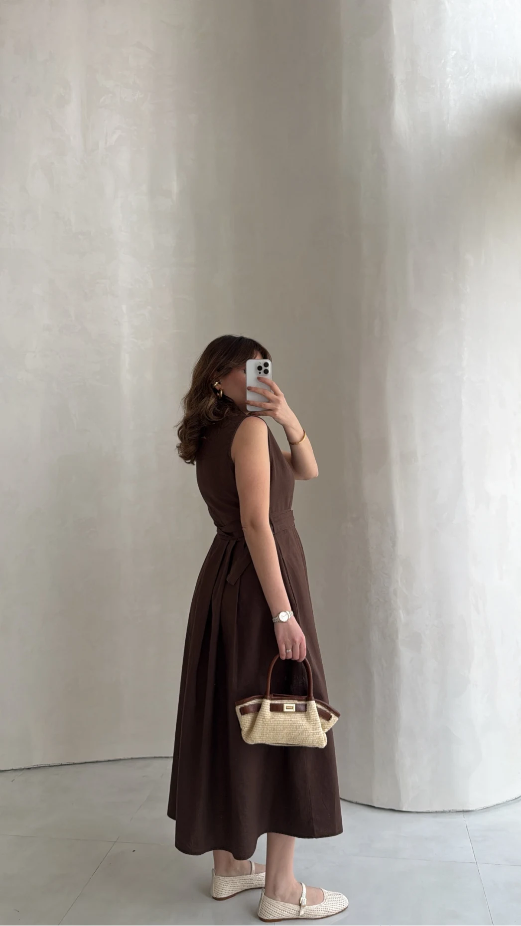 Keten Sıfır Kol Kuşaklı Elbise - Kahverengi - Kod: 580905