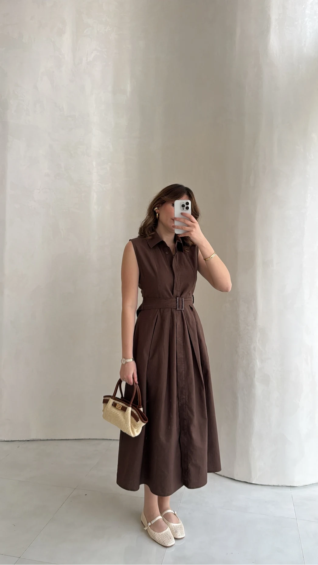 Keten Sıfır Kol Kuşaklı Elbise - Kahverengi - Kod: 580905