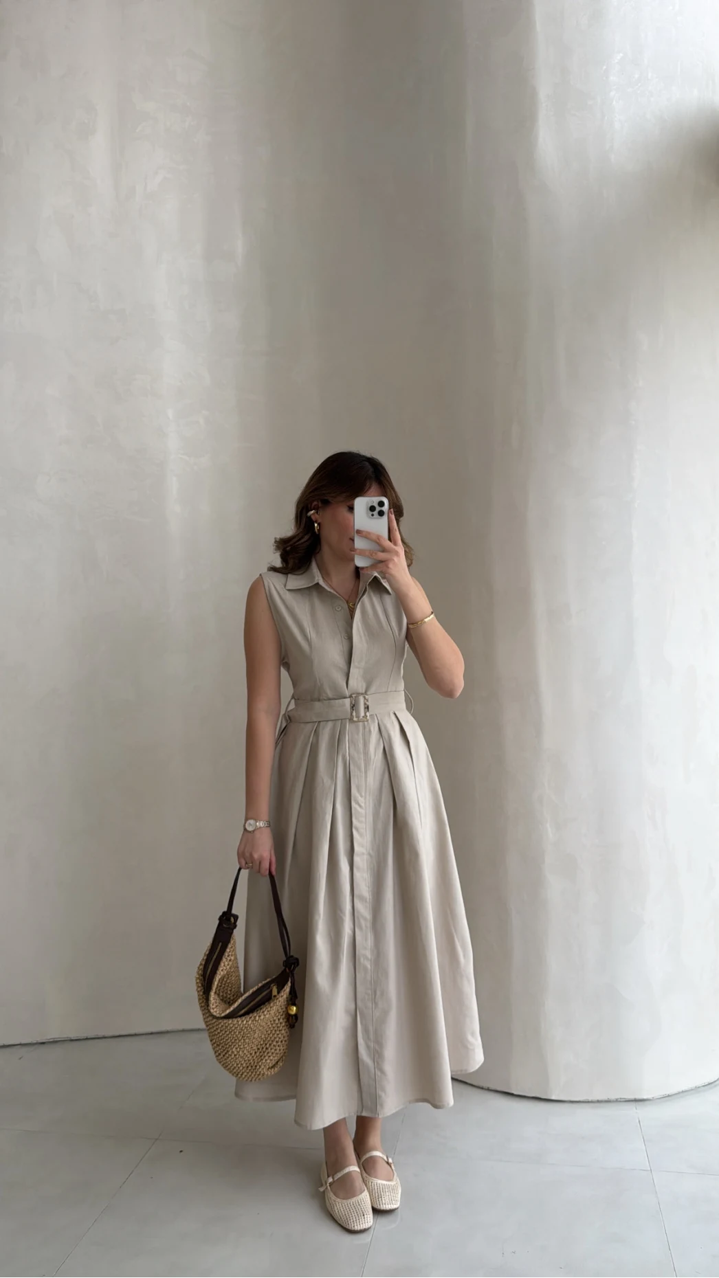 Keten Sıfır Kol Kuşaklı Elbise - Taş - Kod: 580905