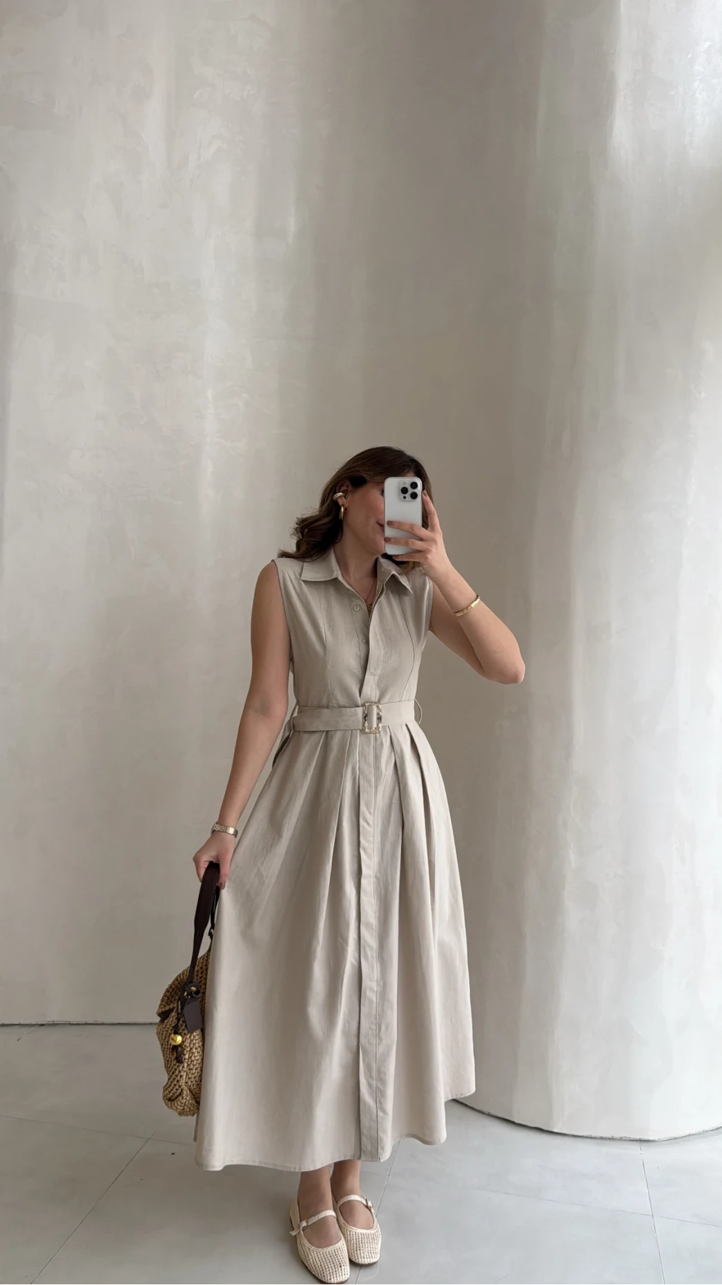 Keten Sıfır Kol Kuşaklı Elbise - Taş - Kod: 580905