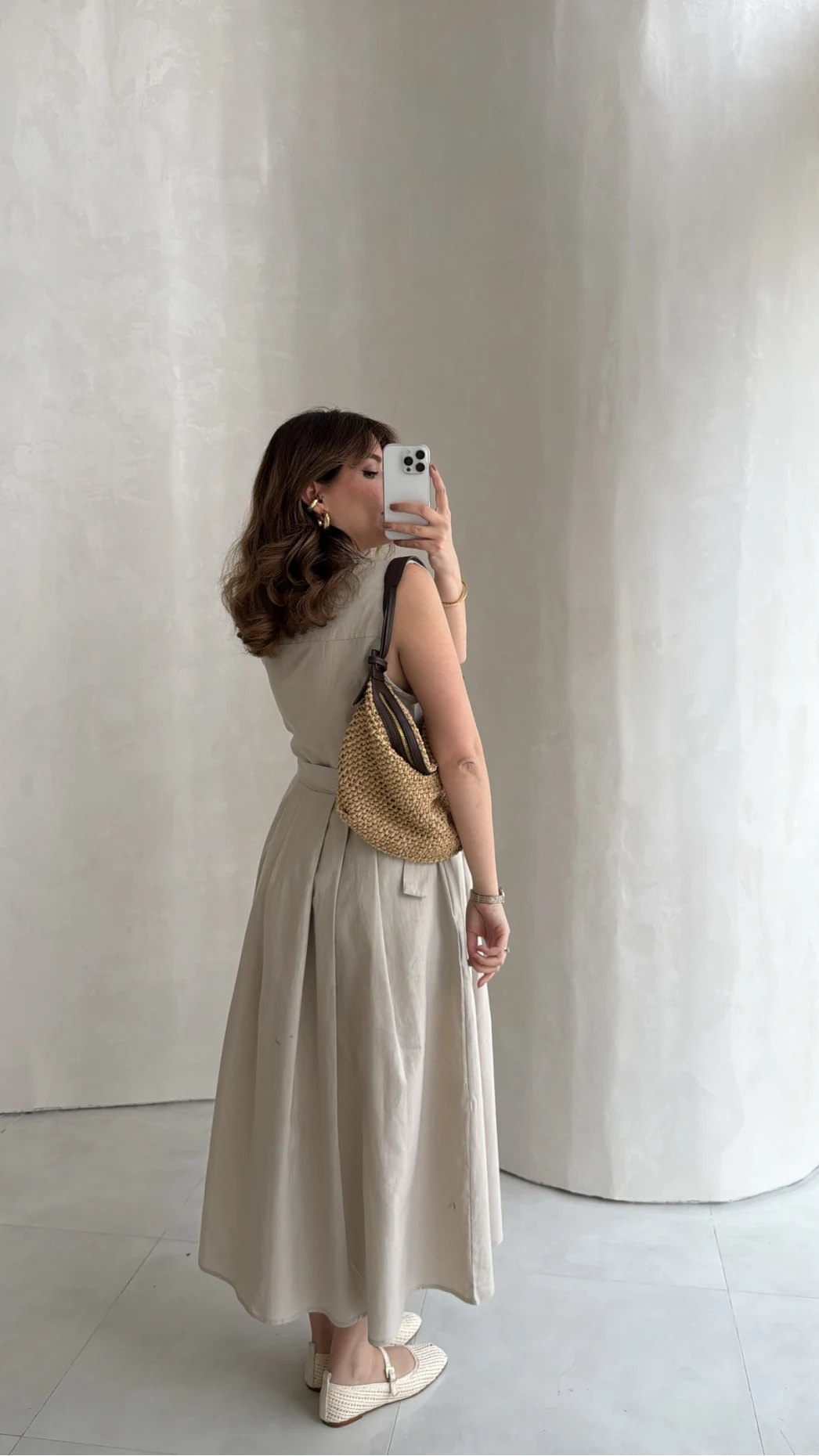 Keten Sıfır Kol Kuşaklı Elbise - Taş - Kod: 580905