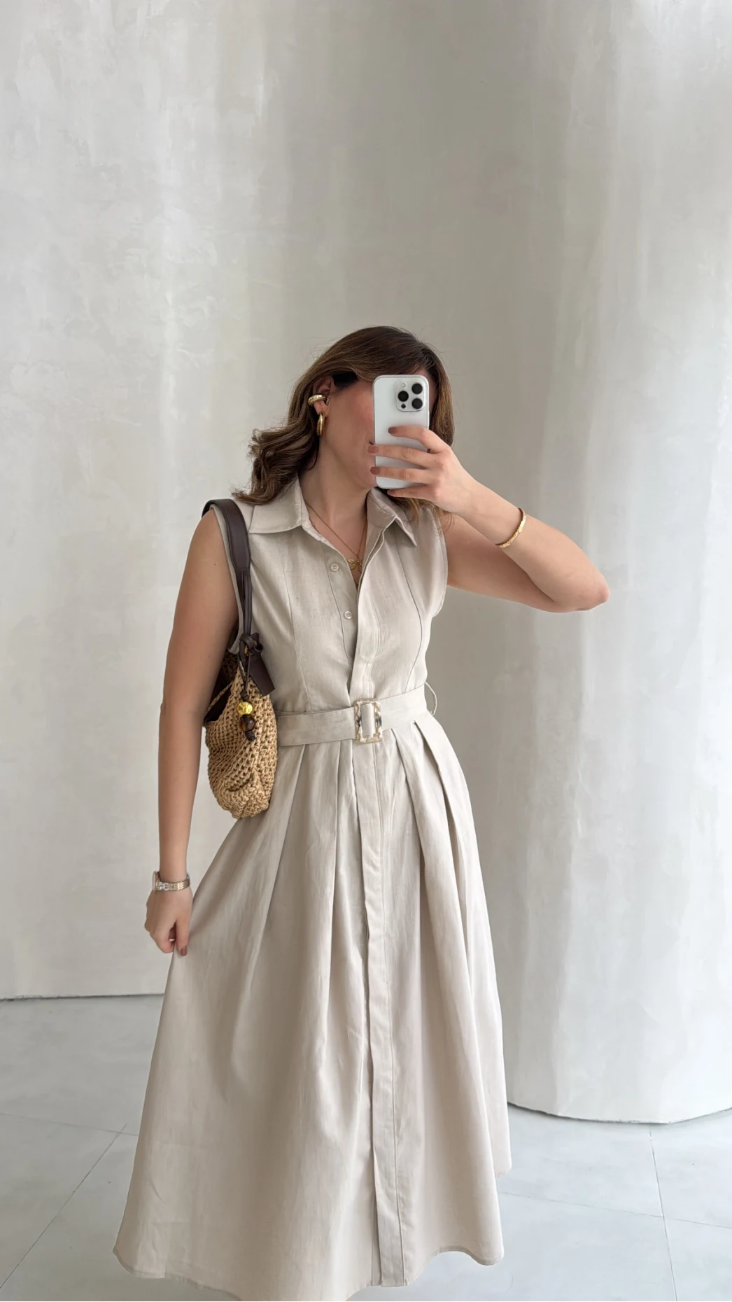 Keten Sıfır Kol Kuşaklı Elbise - Taş - Kod: 580905