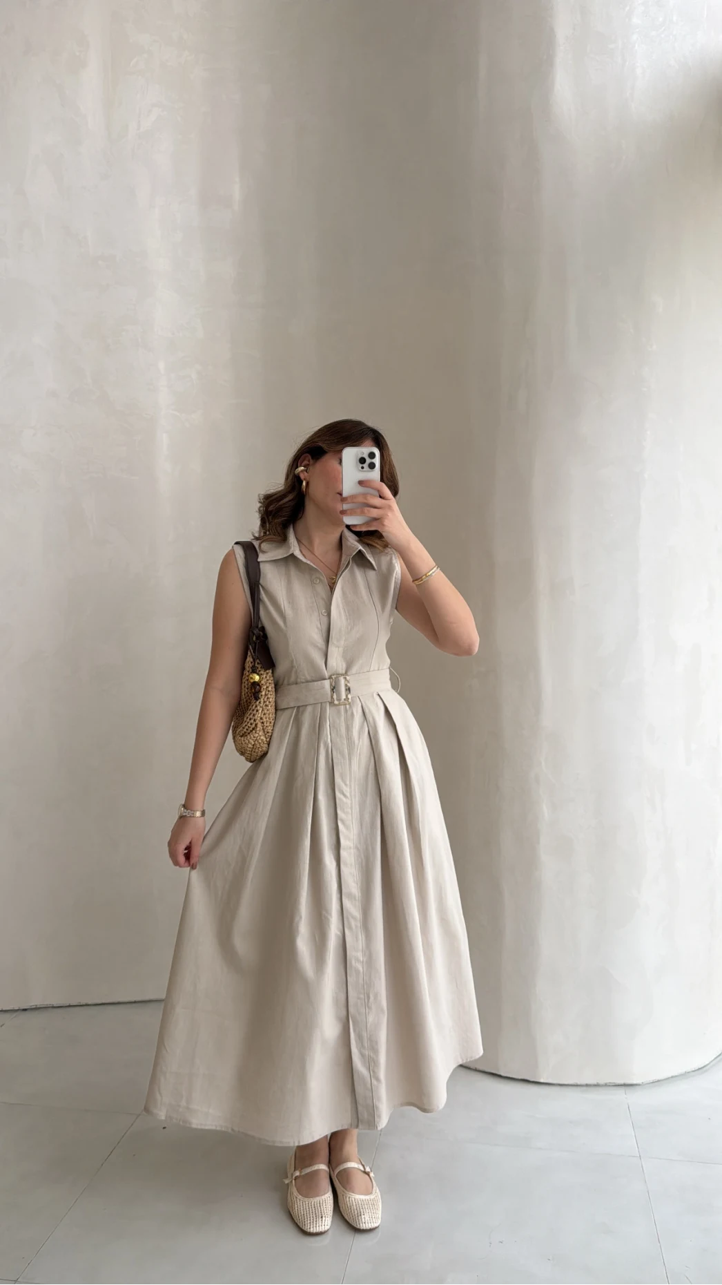 Keten Sıfır Kol Kuşaklı Elbise - Taş - Kod: 580905