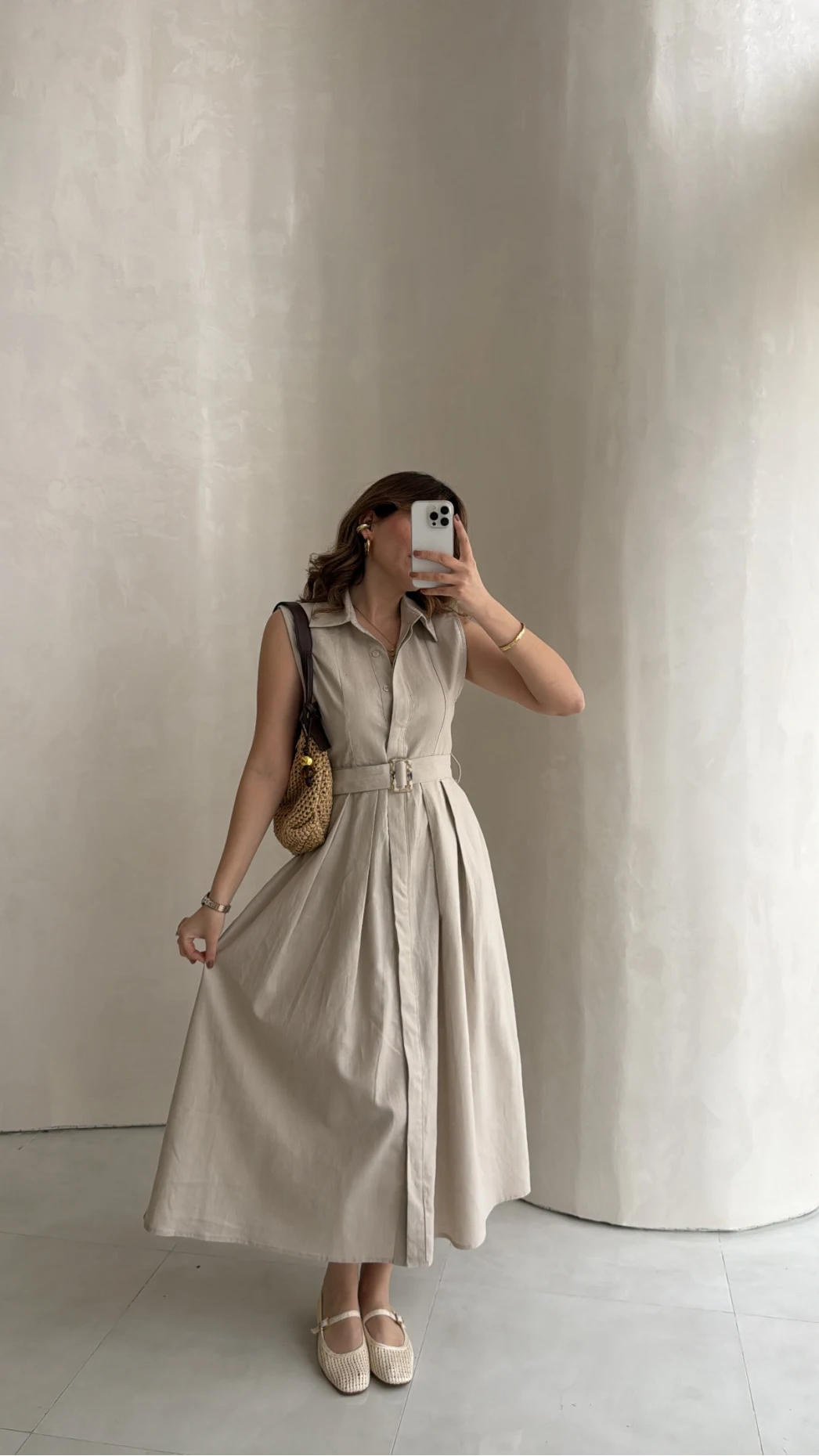 Keten Sıfır Kol Kuşaklı Elbise - Taş - Kod: 580905