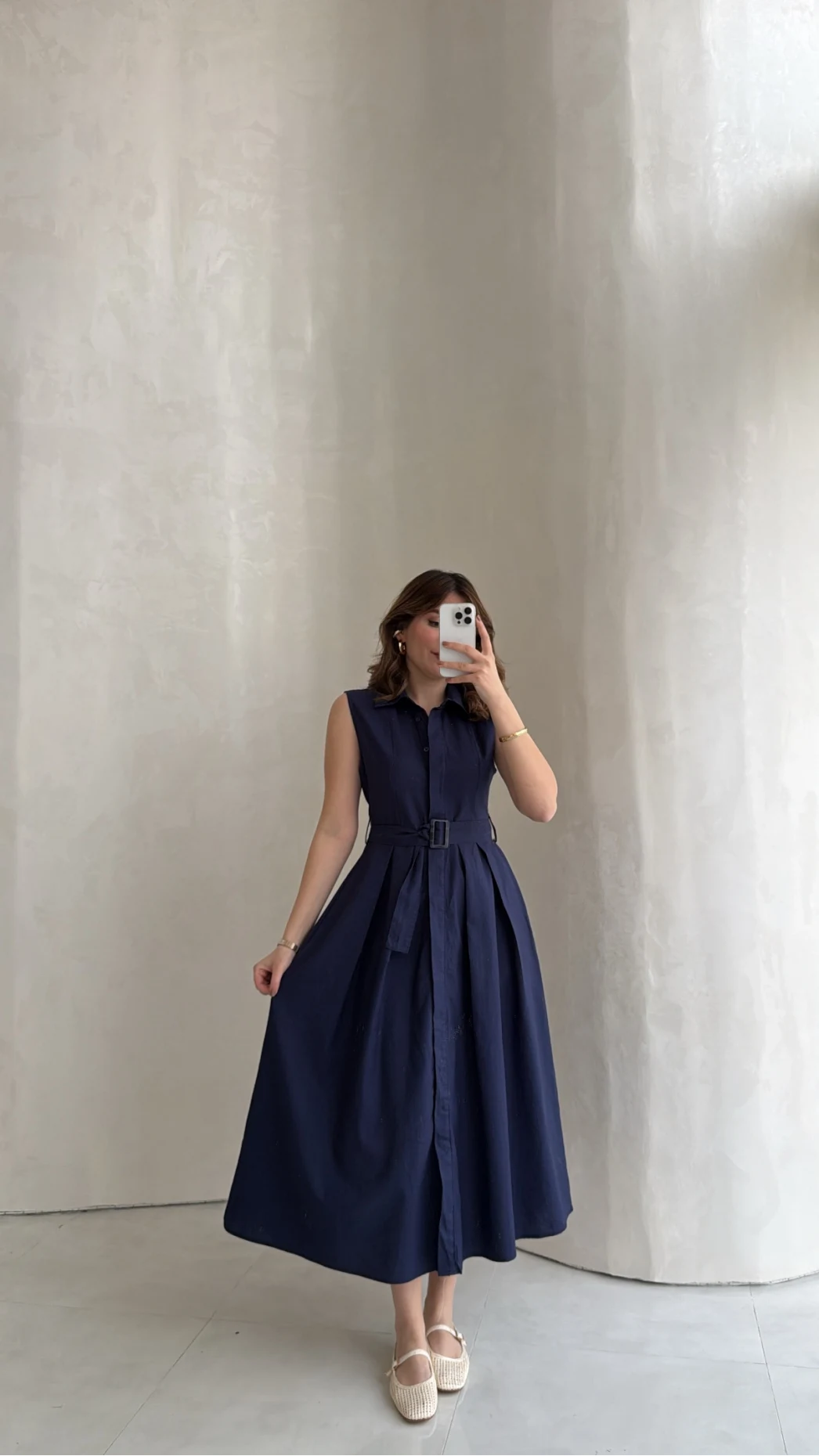 Keten Sıfır Kol Kuşaklı Elbise - Lacivert - Kod: 580905