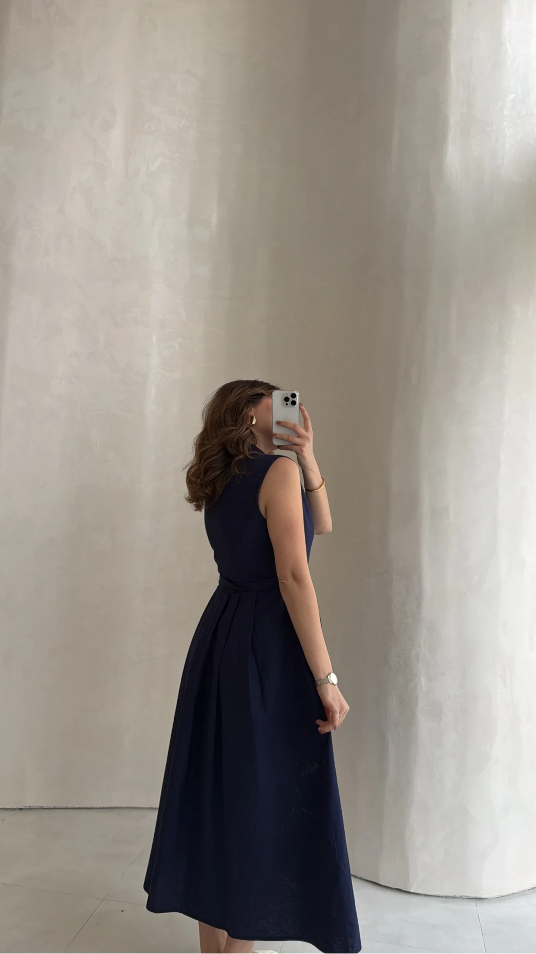 Keten Sıfır Kol Kuşaklı Elbise - Lacivert - Kod: 580905