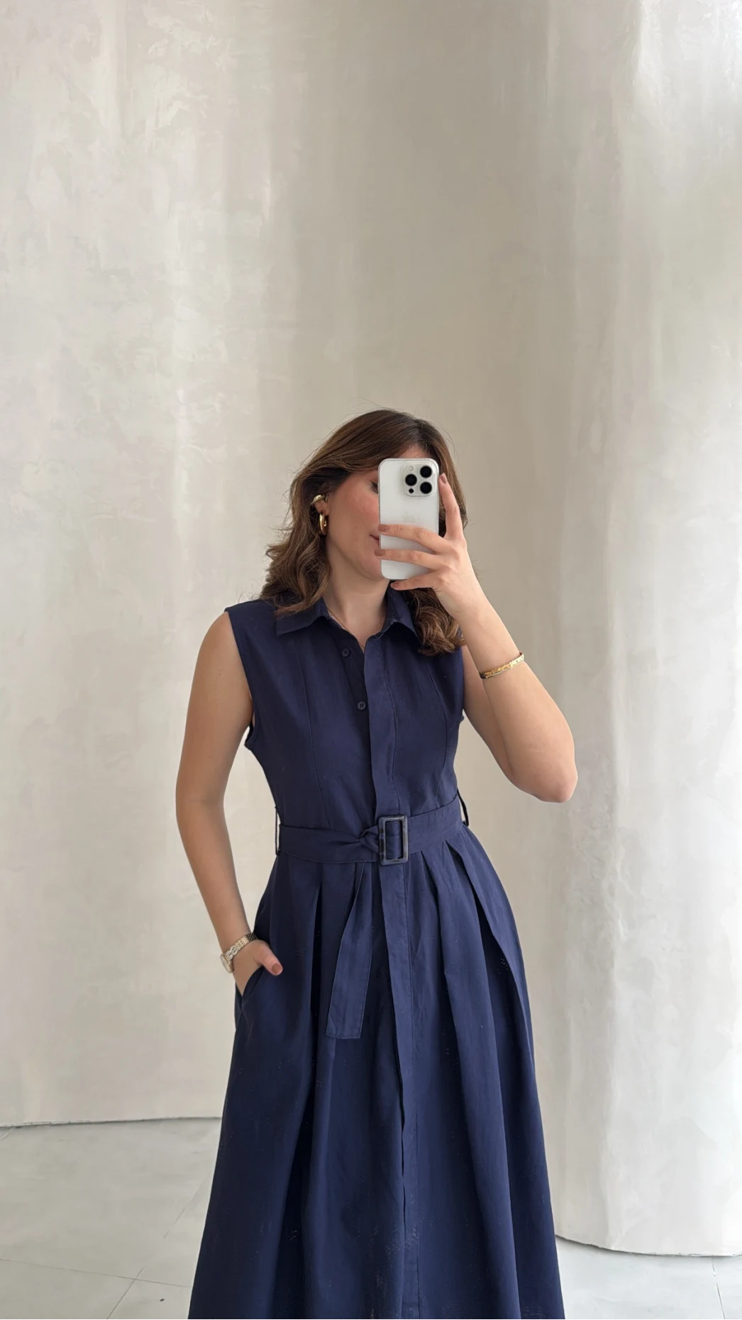 Keten Sıfır Kol Kuşaklı Elbise - Lacivert - Kod: 580905