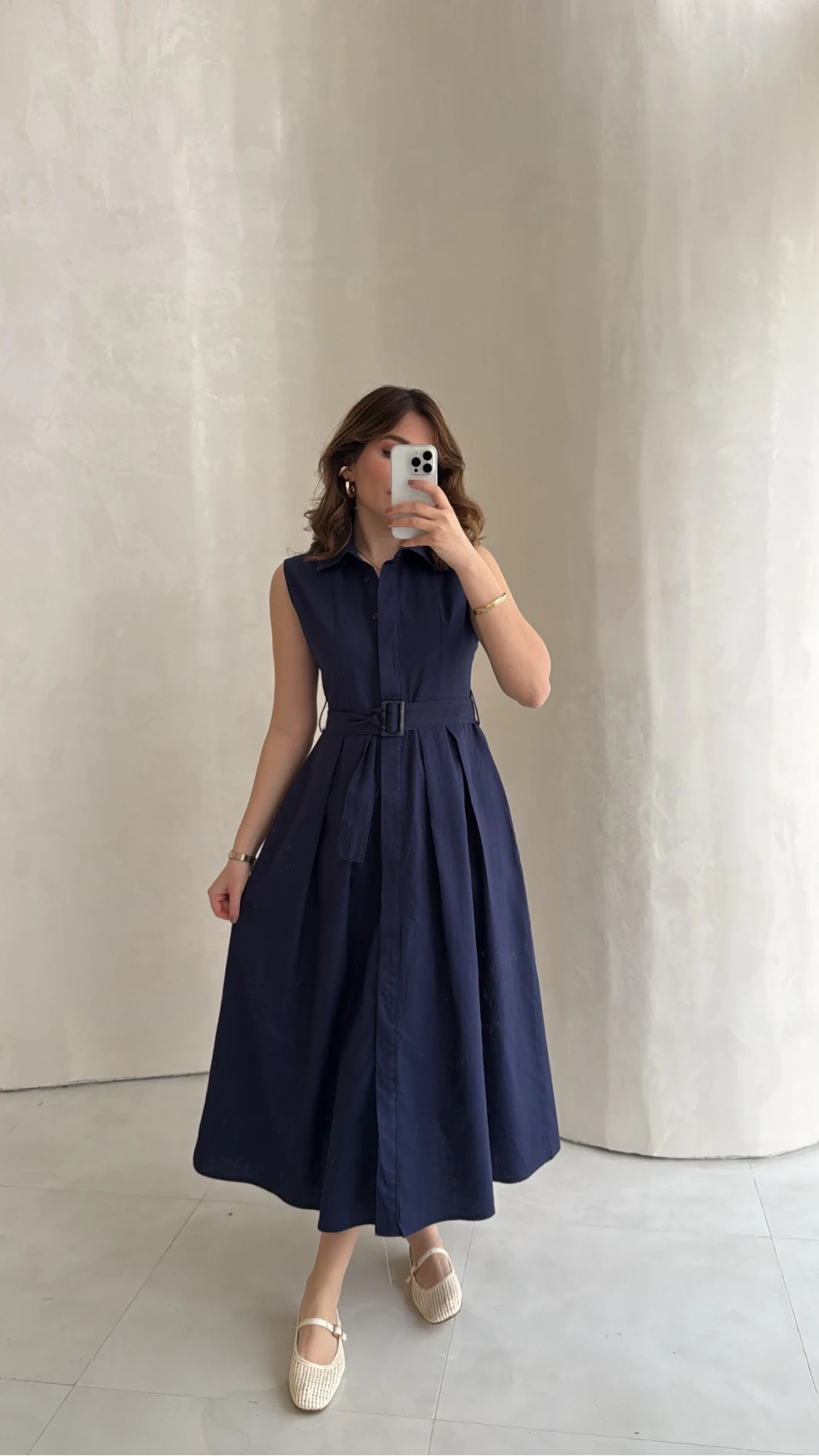 Keten Sıfır Kol Kuşaklı Elbise - Lacivert - Kod: 580905