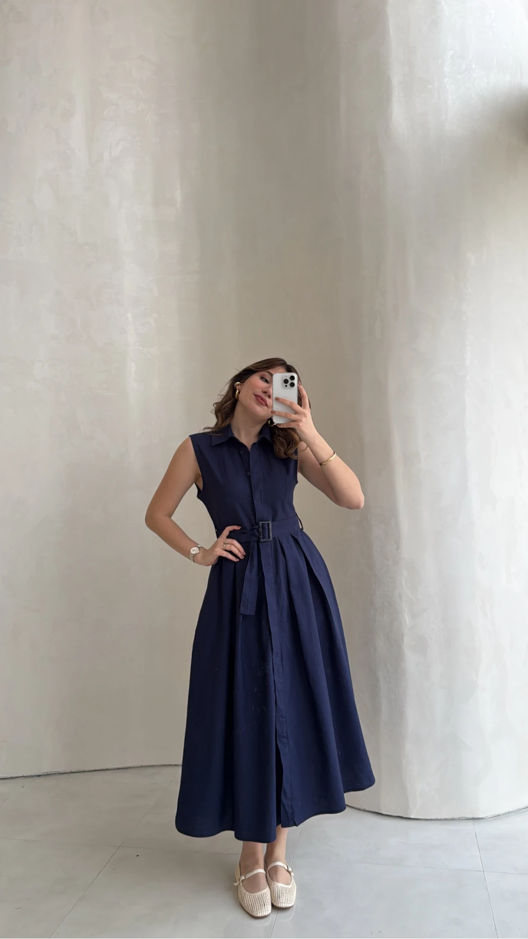 Keten Sıfır Kol Kuşaklı Elbise - Lacivert - Kod: 580905