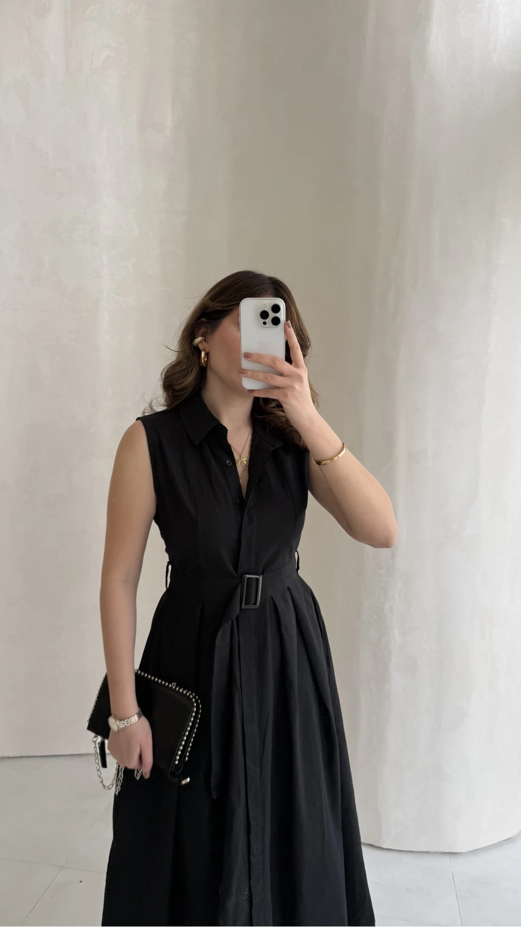 Keten Sıfır Kol Kuşaklı Elbise - Siyah - Kod: 580905