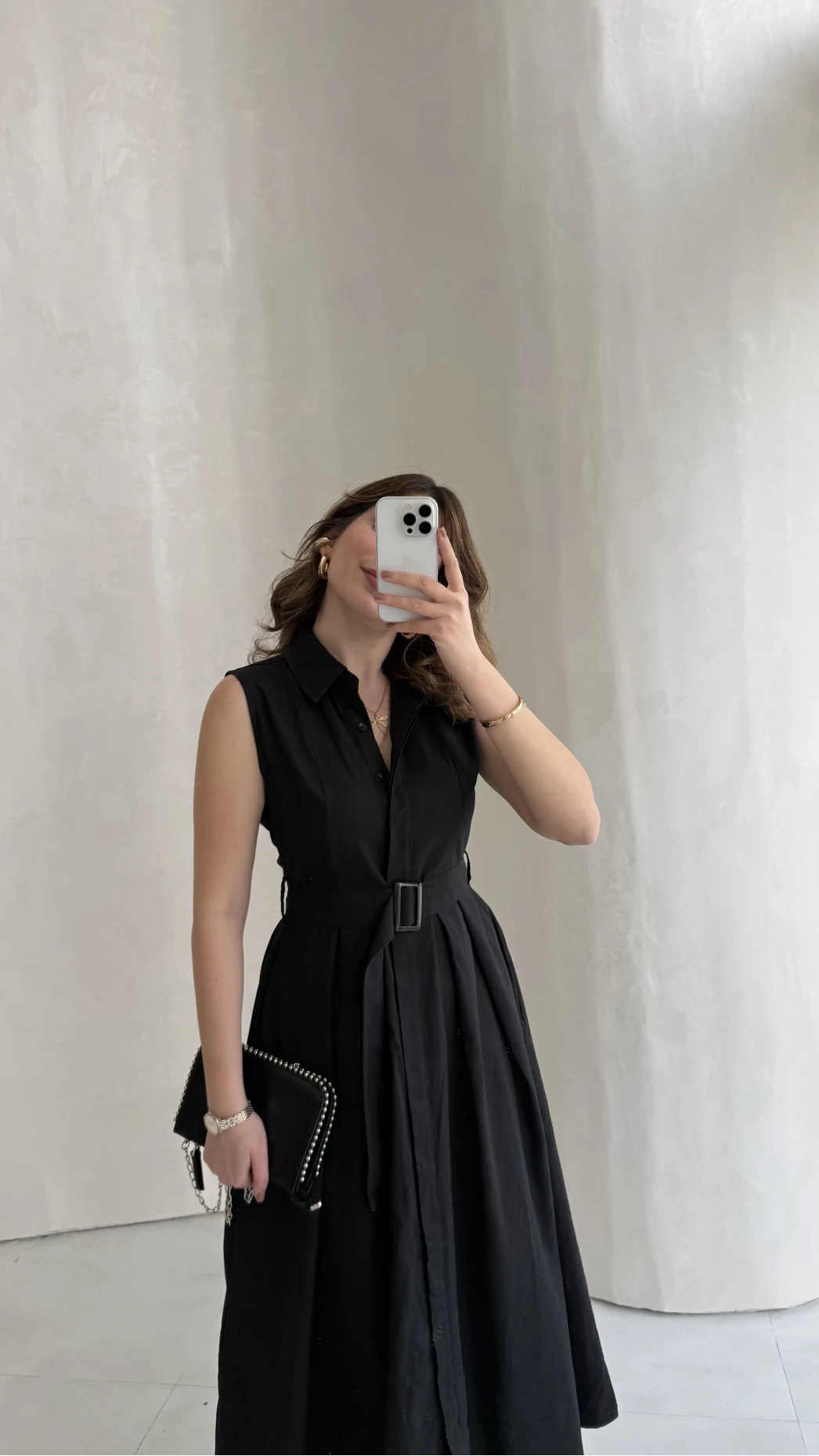 Keten Sıfır Kol Kuşaklı Elbise - Siyah - Kod: 580905