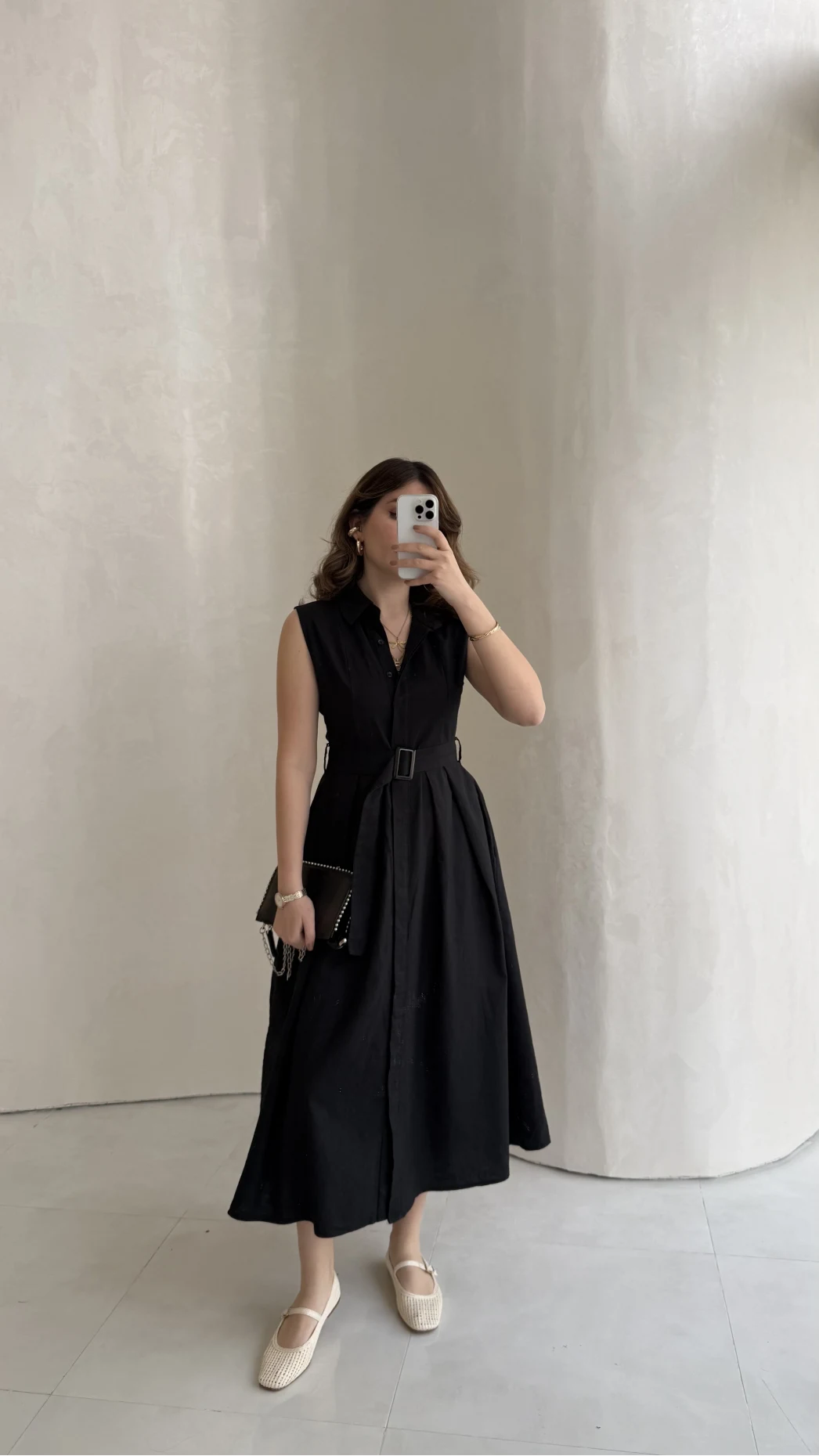 Keten Sıfır Kol Kuşaklı Elbise - Siyah - Kod: 580905