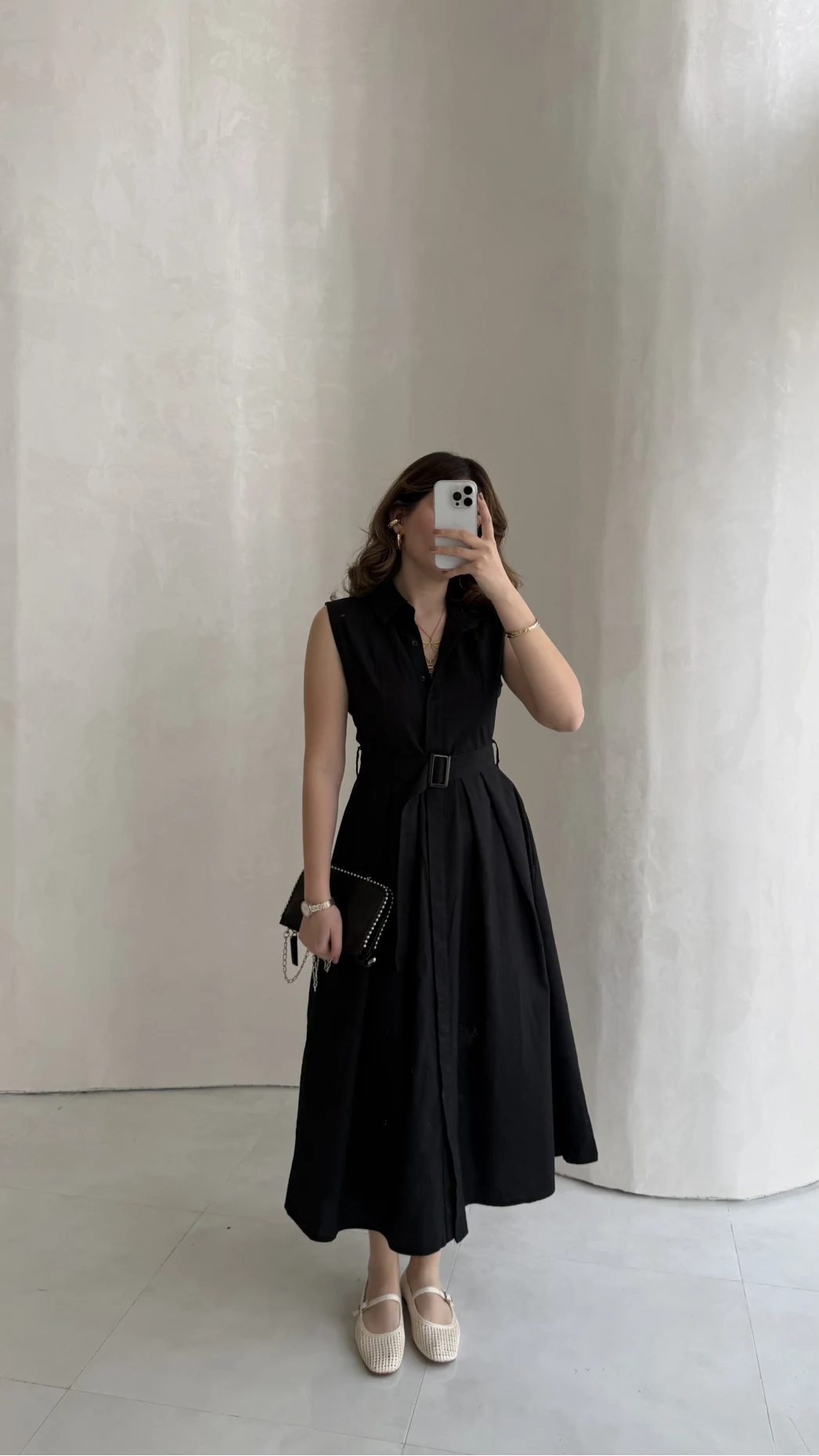 Keten Sıfır Kol Kuşaklı Elbise - Siyah - Kod: 580905