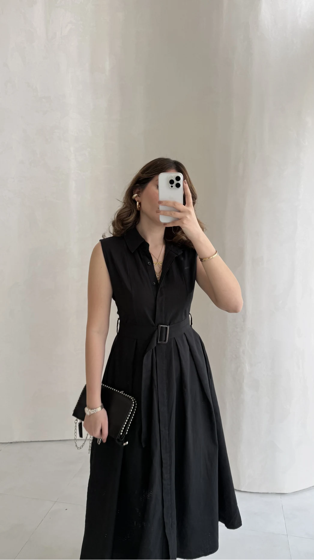 Keten Sıfır Kol Kuşaklı Elbise - Siyah - Kod: 580905