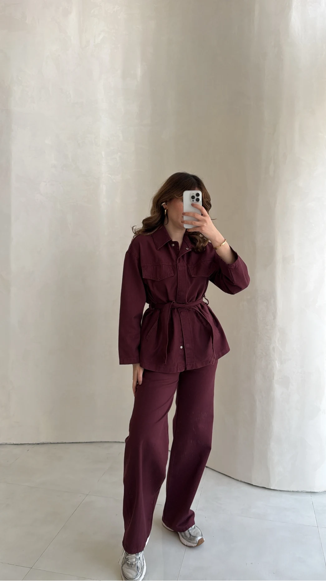 Bel Bağlamalı Önü Çıtçıtlı Kot Denim Takım - Bordo - Kod: 6038