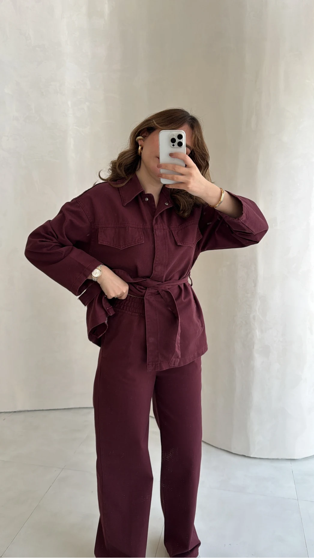 Bel Bağlamalı Önü Çıtçıtlı Kot Denim Takım - Bordo - Kod: 6038