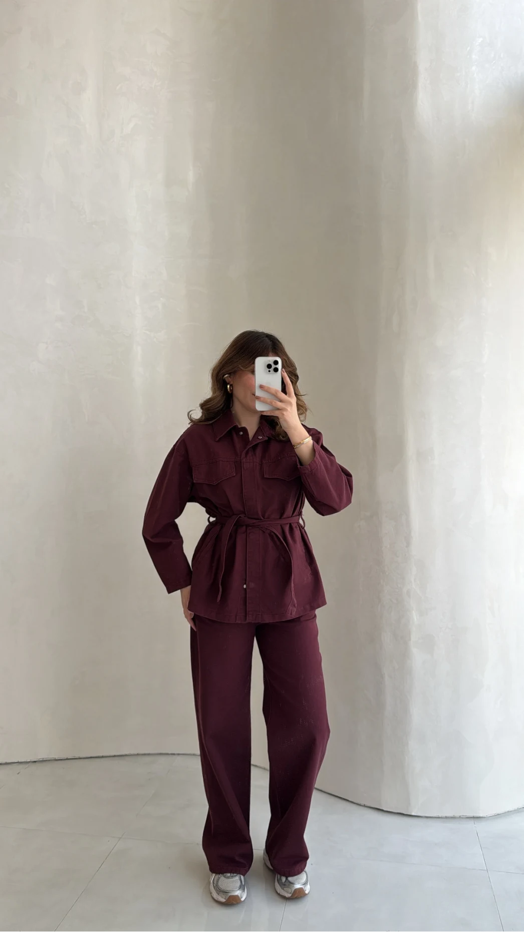 Bel Bağlamalı Önü Çıtçıtlı Kot Denim Takım - Bordo - Kod: 6038