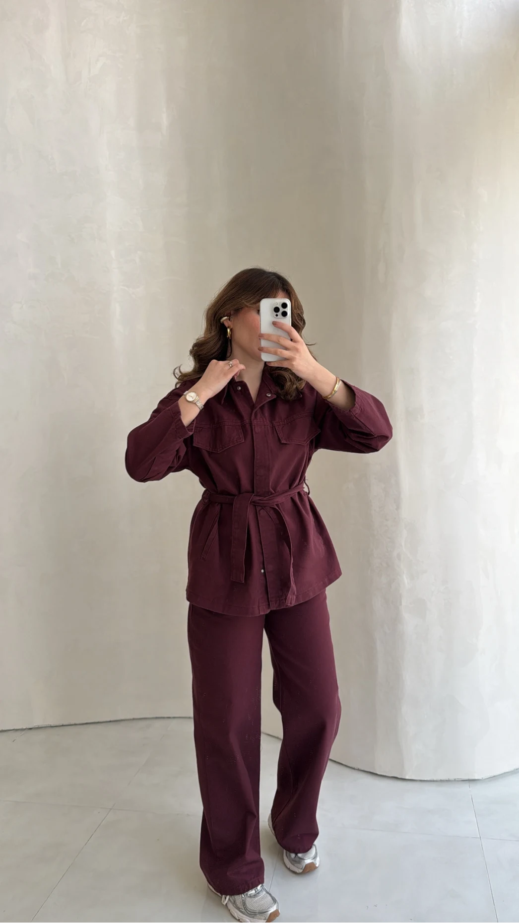 Bel Bağlamalı Önü Çıtçıtlı Kot Denim Takım - Bordo - Kod: 6038