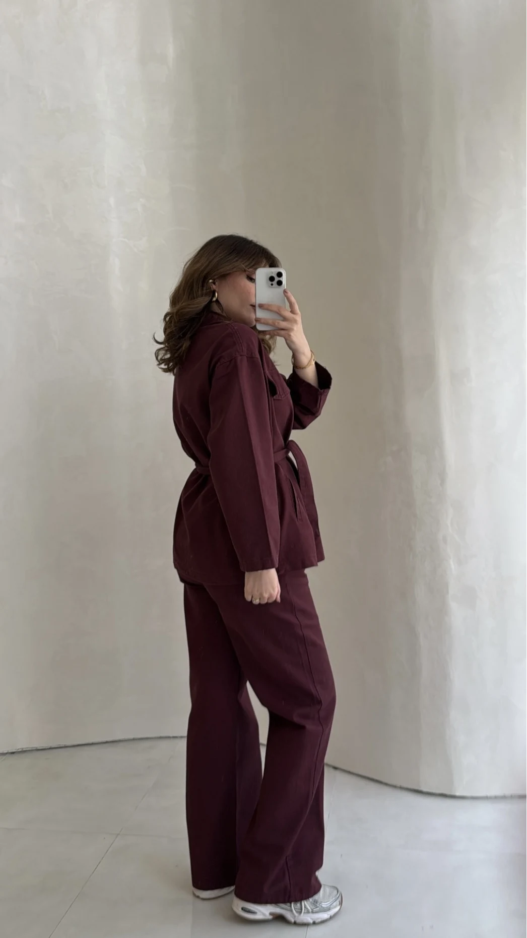 Bel Bağlamalı Önü Çıtçıtlı Kot Denim Takım - Bordo - Kod: 6038