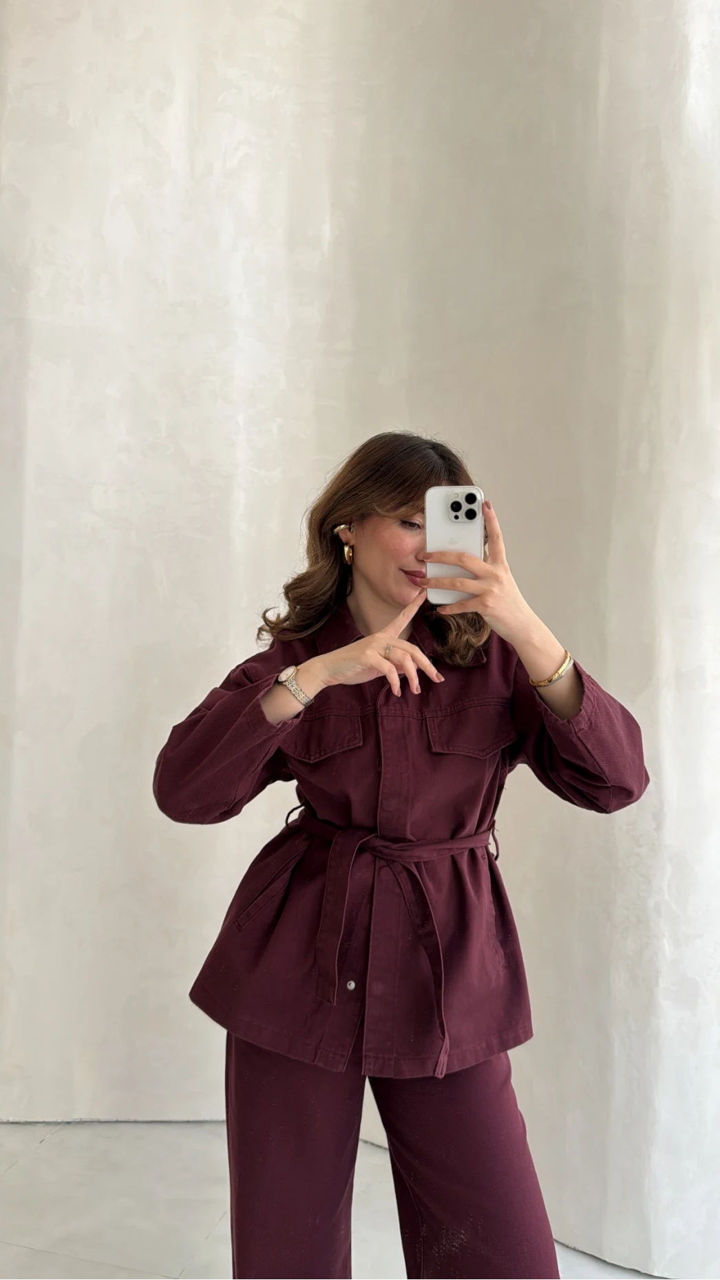 Bel Bağlamalı Önü Çıtçıtlı Kot Denim Takım - Bordo - Kod: 6038