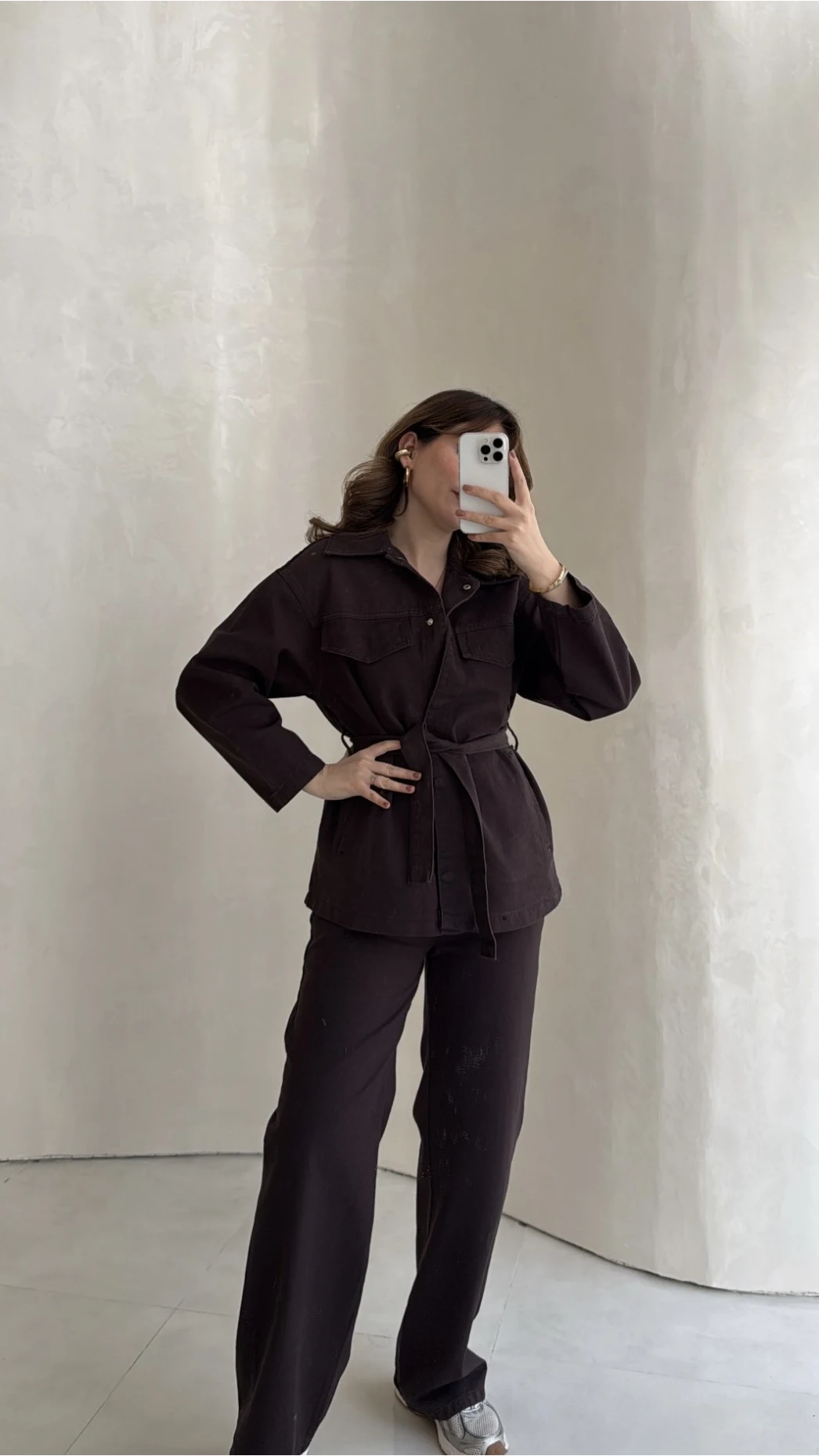 Bel Bağlamalı Önü Çıtçıtlı Kot Denim Takım - Acı Kahve - Kod: 6038