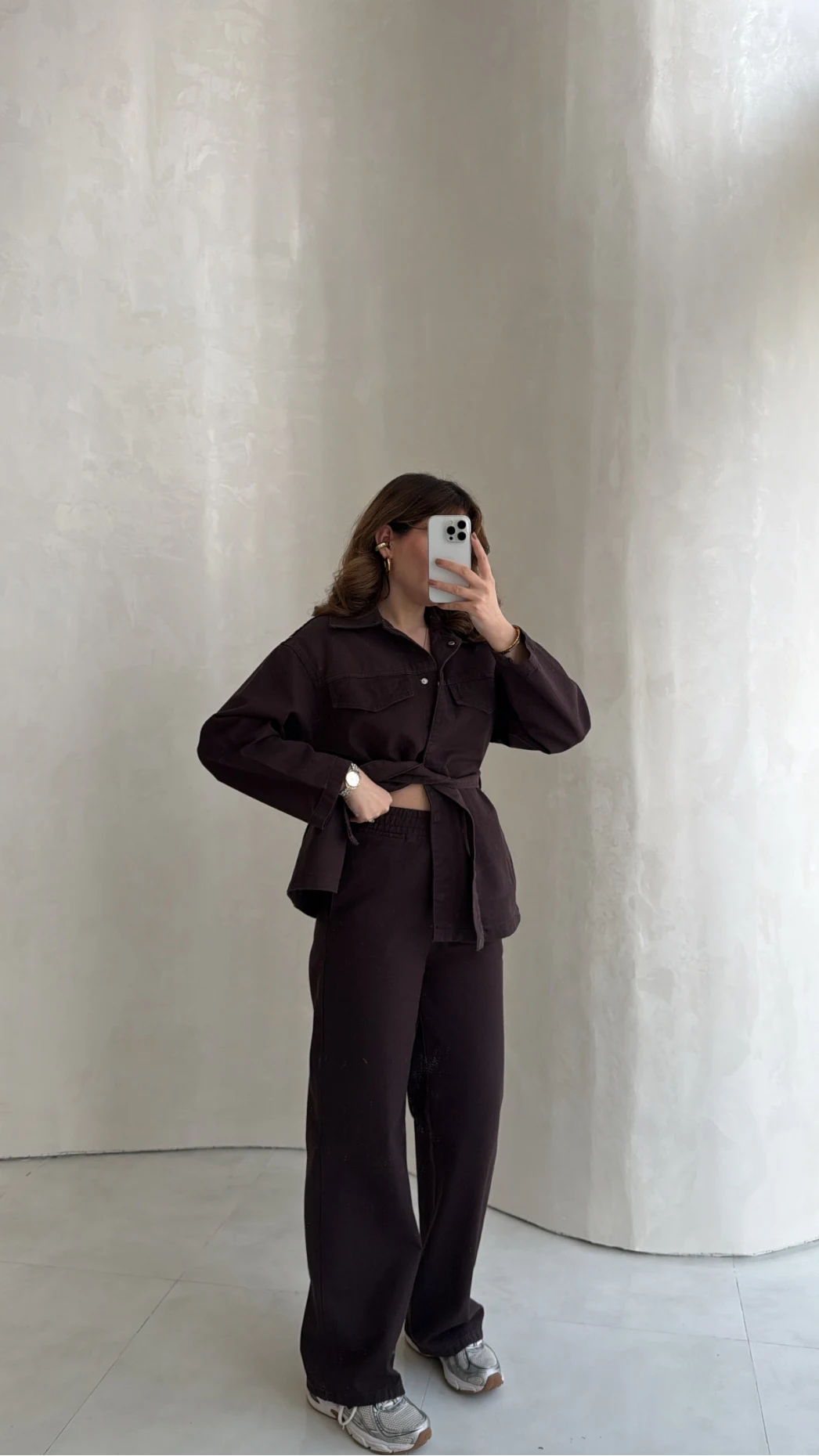 Bel Bağlamalı Önü Çıtçıtlı Kot Denim Takım - Acı Kahve - Kod: 6038