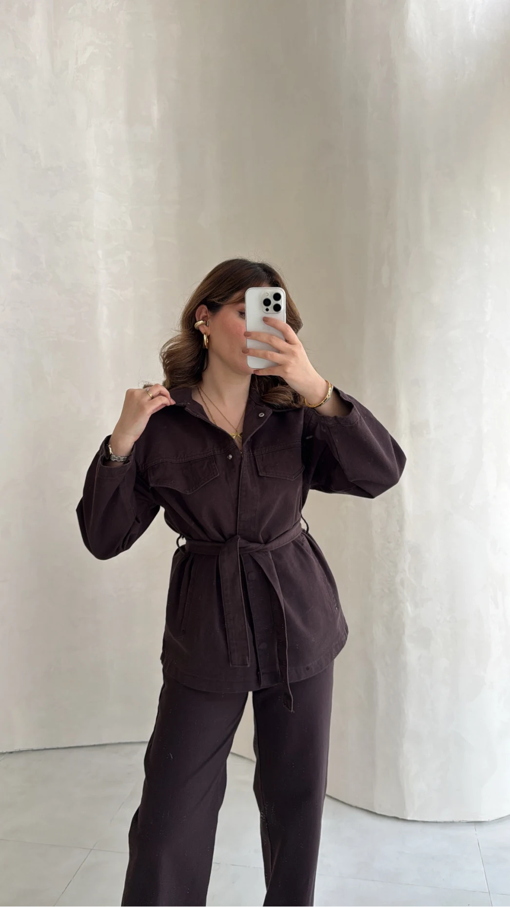 Bel Bağlamalı Önü Çıtçıtlı Kot Denim Takım - Acı Kahve - Kod: 6038