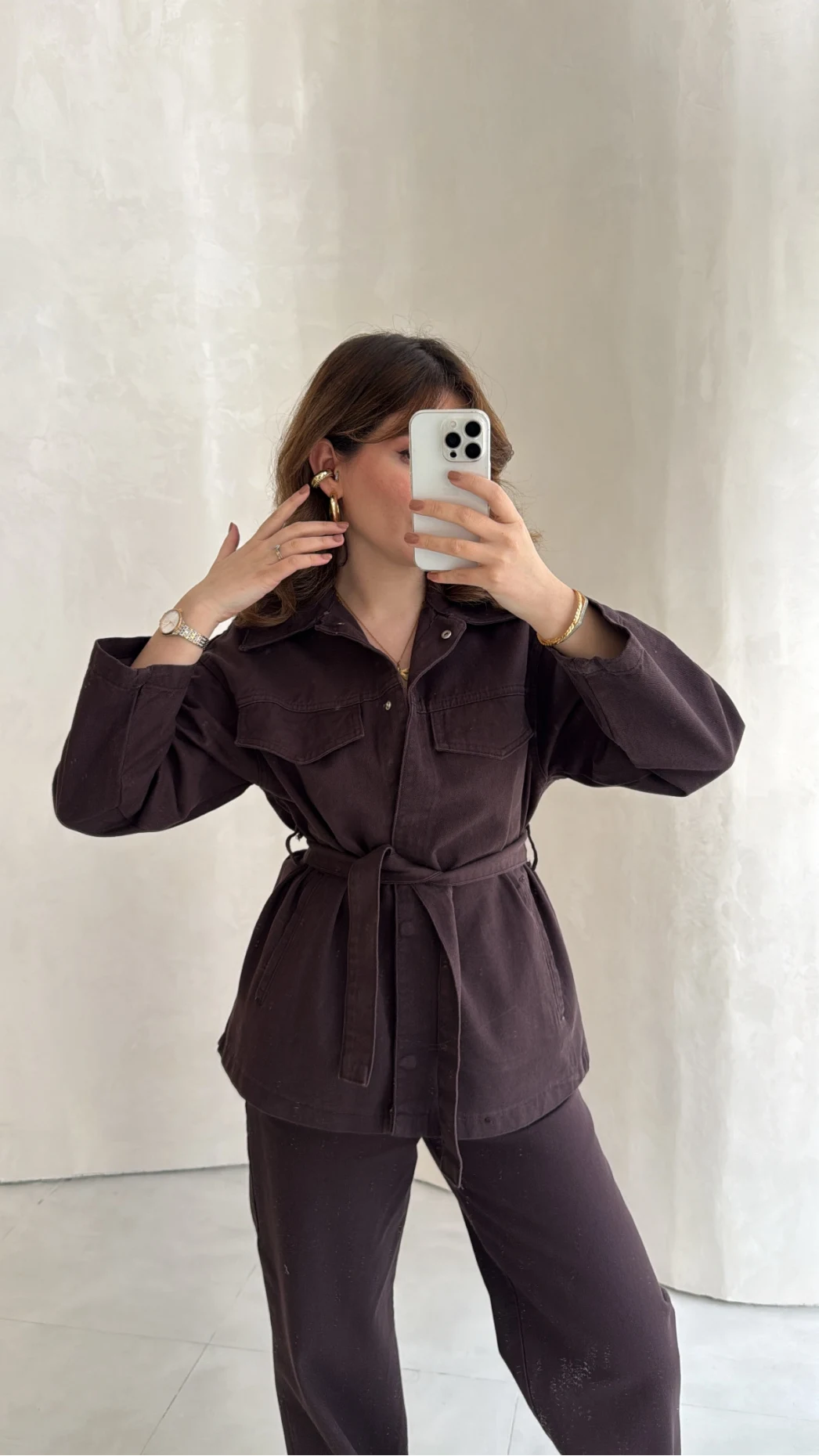 Bel Bağlamalı Önü Çıtçıtlı Kot Denim Takım - Acı Kahve - Kod: 6038