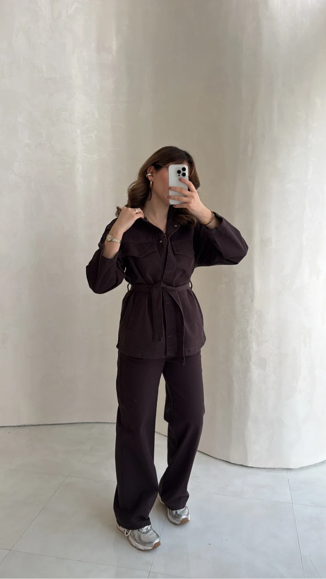 Bel Bağlamalı Önü Çıtçıtlı Kot Denim Takım - Acı Kahve - Kod: 6038