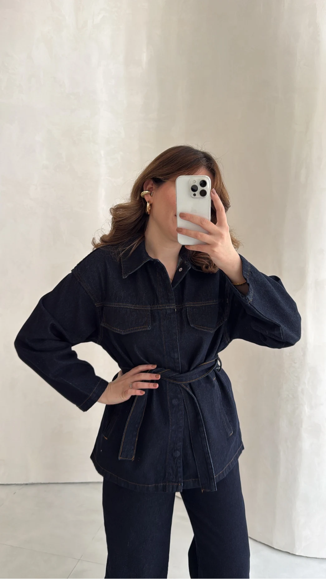 Bel Bağlamalı Önü Çıtçıtlı Kot Denim Takım - Lacivert - Kod: 6038