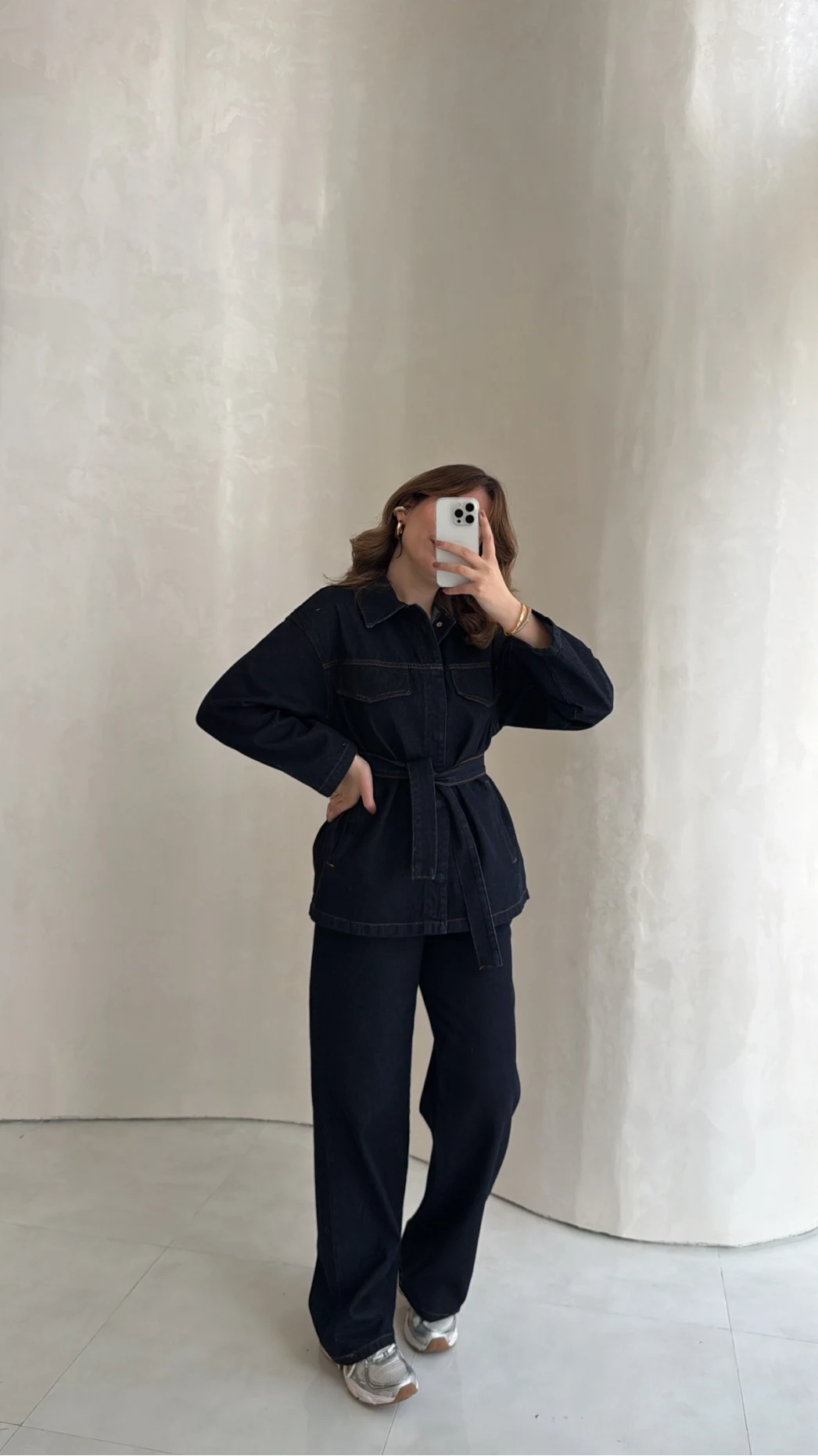 Bel Bağlamalı Önü Çıtçıtlı Kot Denim Takım - Lacivert - Kod: 6038