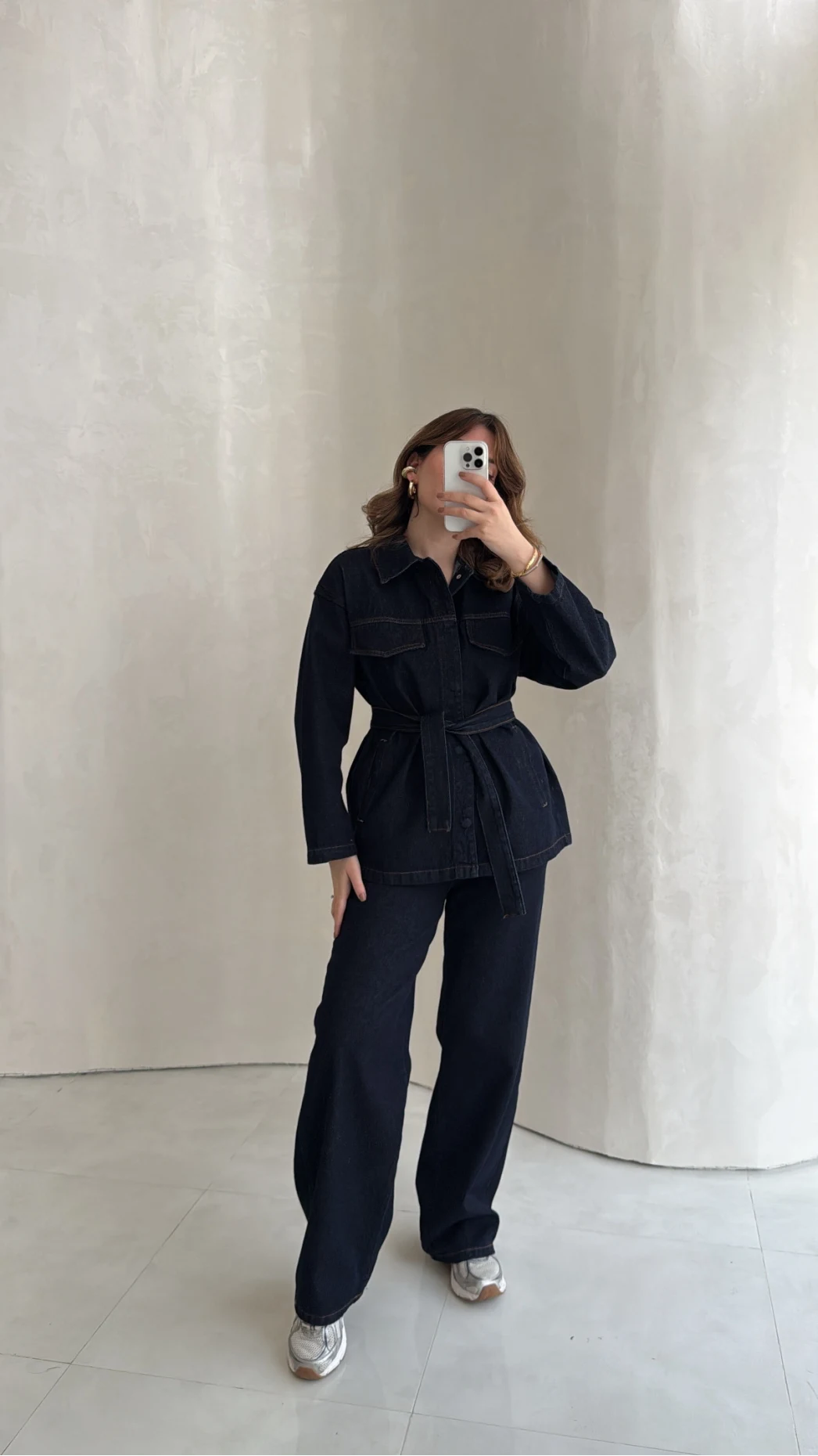 Bel Bağlamalı Önü Çıtçıtlı Kot Denim Takım - Lacivert - Kod: 6038