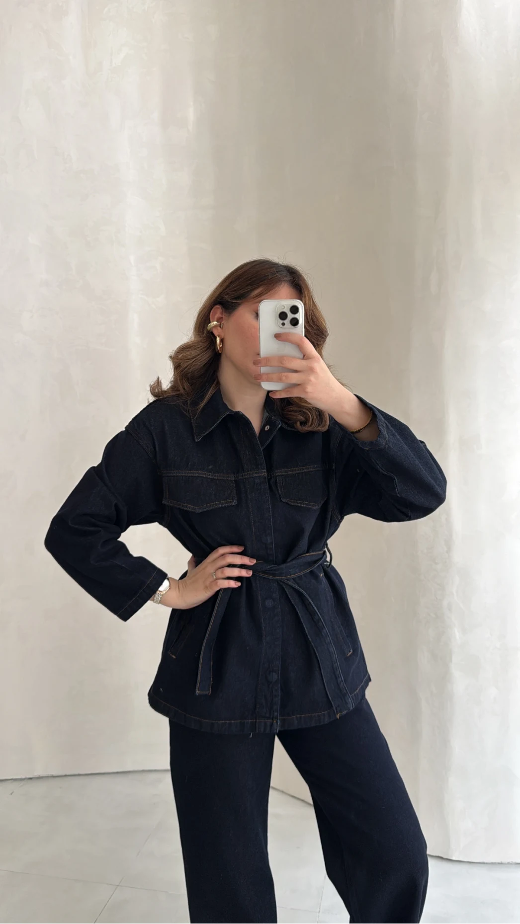 Bel Bağlamalı Önü Çıtçıtlı Kot Denim Takım - Lacivert - Kod: 6038