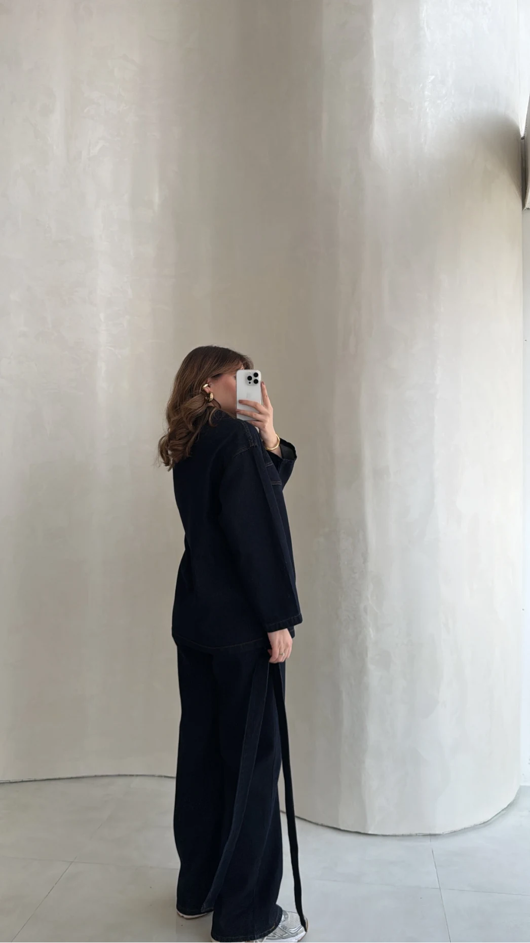 Bel Bağlamalı Önü Çıtçıtlı Kot Denim Takım - Lacivert - Kod: 6038