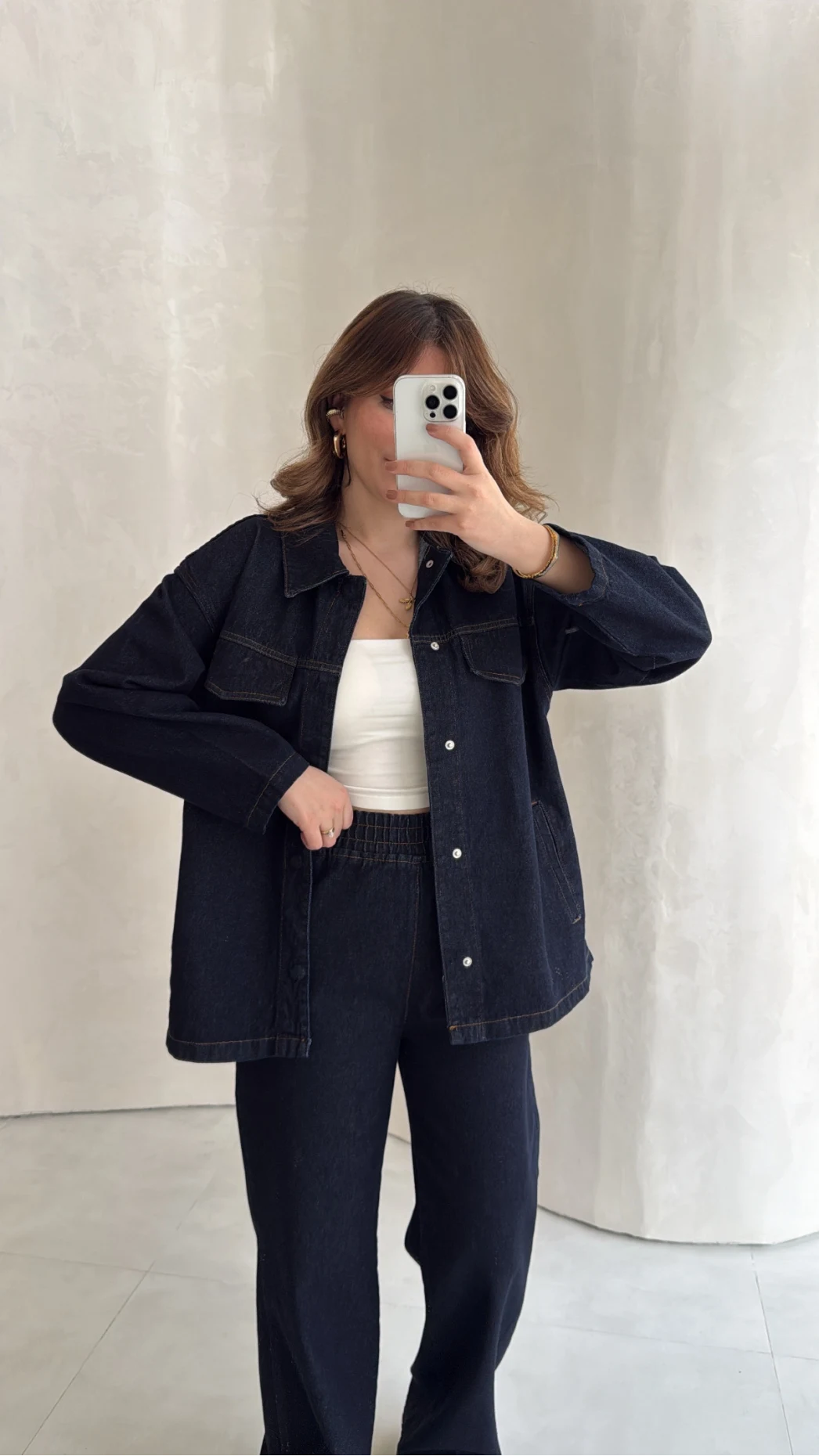 Bel Bağlamalı Önü Çıtçıtlı Kot Denim Takım - Lacivert - Kod: 6038