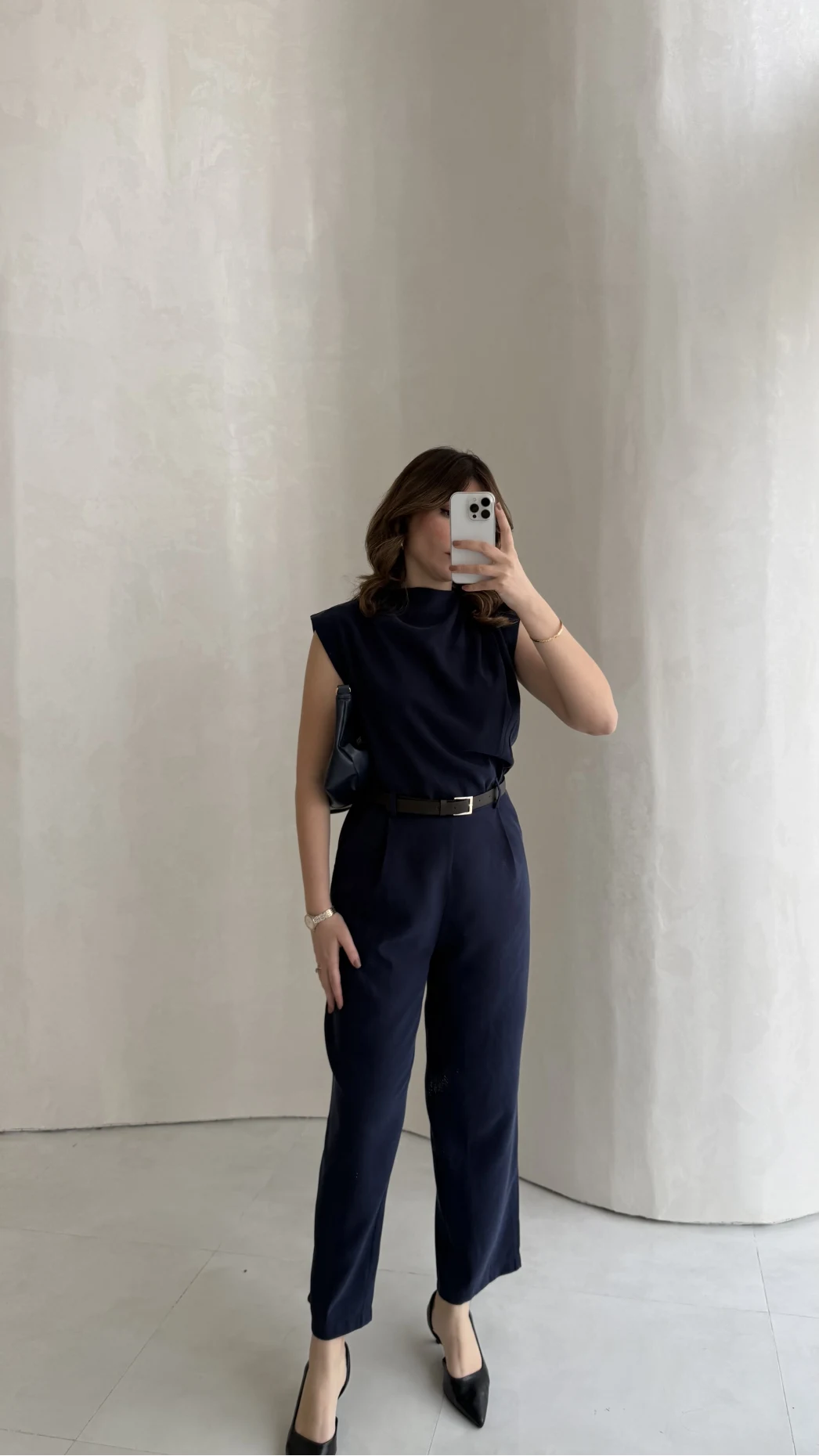 Kemerli Sıfır Kol Tulum - Lacivert - Kod: 580907