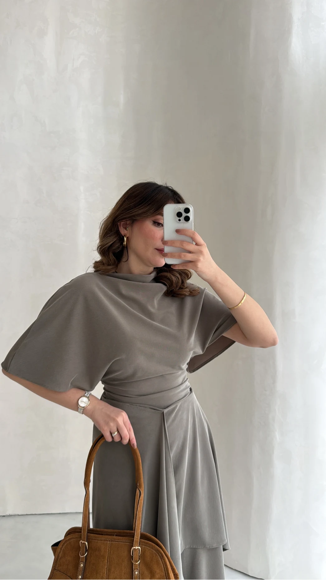 Flawless Modal Kumaş Asimetrik Kesim Etek Bluz Takım - Haki - Kod: 0931