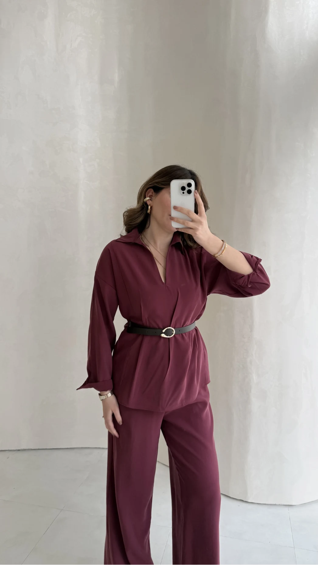 Kemerli Bel Detaylı Gömlek Pantolon Takım - Bordo - Kod: 58485