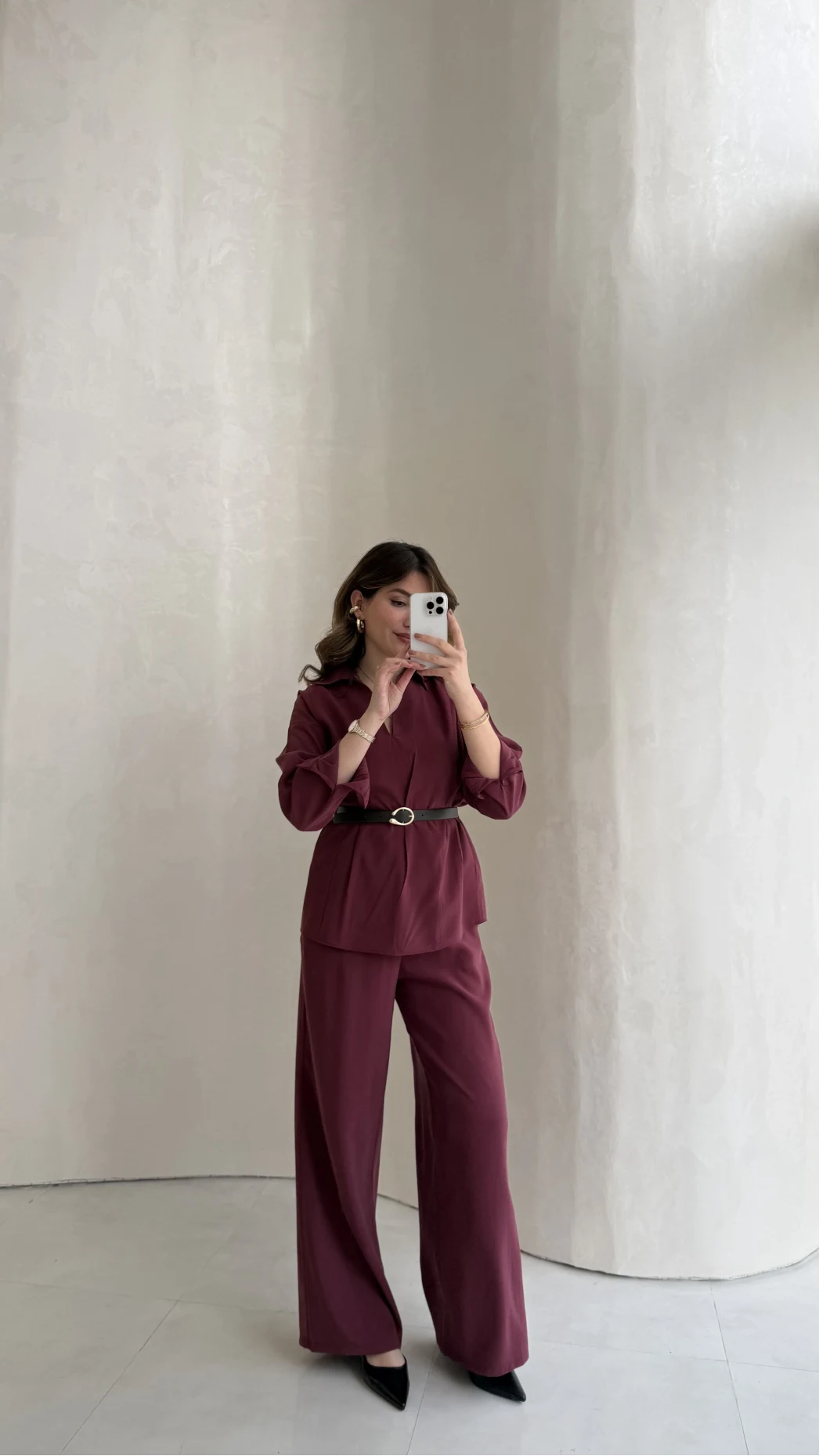 Kemerli Bel Detaylı Gömlek Pantolon Takım - Bordo - Kod: 58485