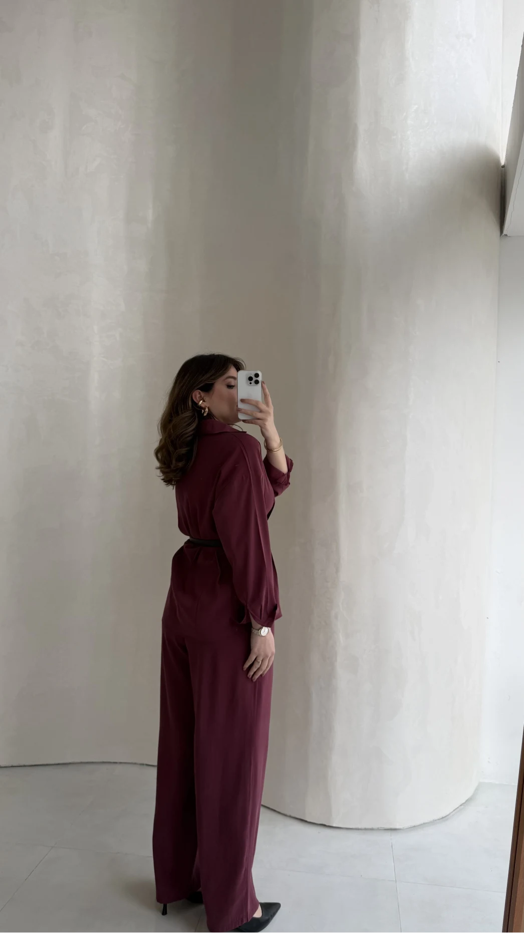 Kemerli Bel Detaylı Gömlek Pantolon Takım - Bordo - Kod: 58485