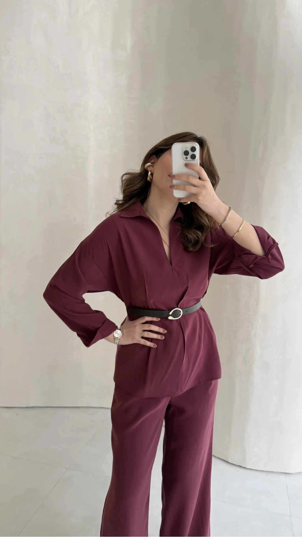 Kemerli Bel Detaylı Gömlek Pantolon Takım - Bordo - Kod: 58485