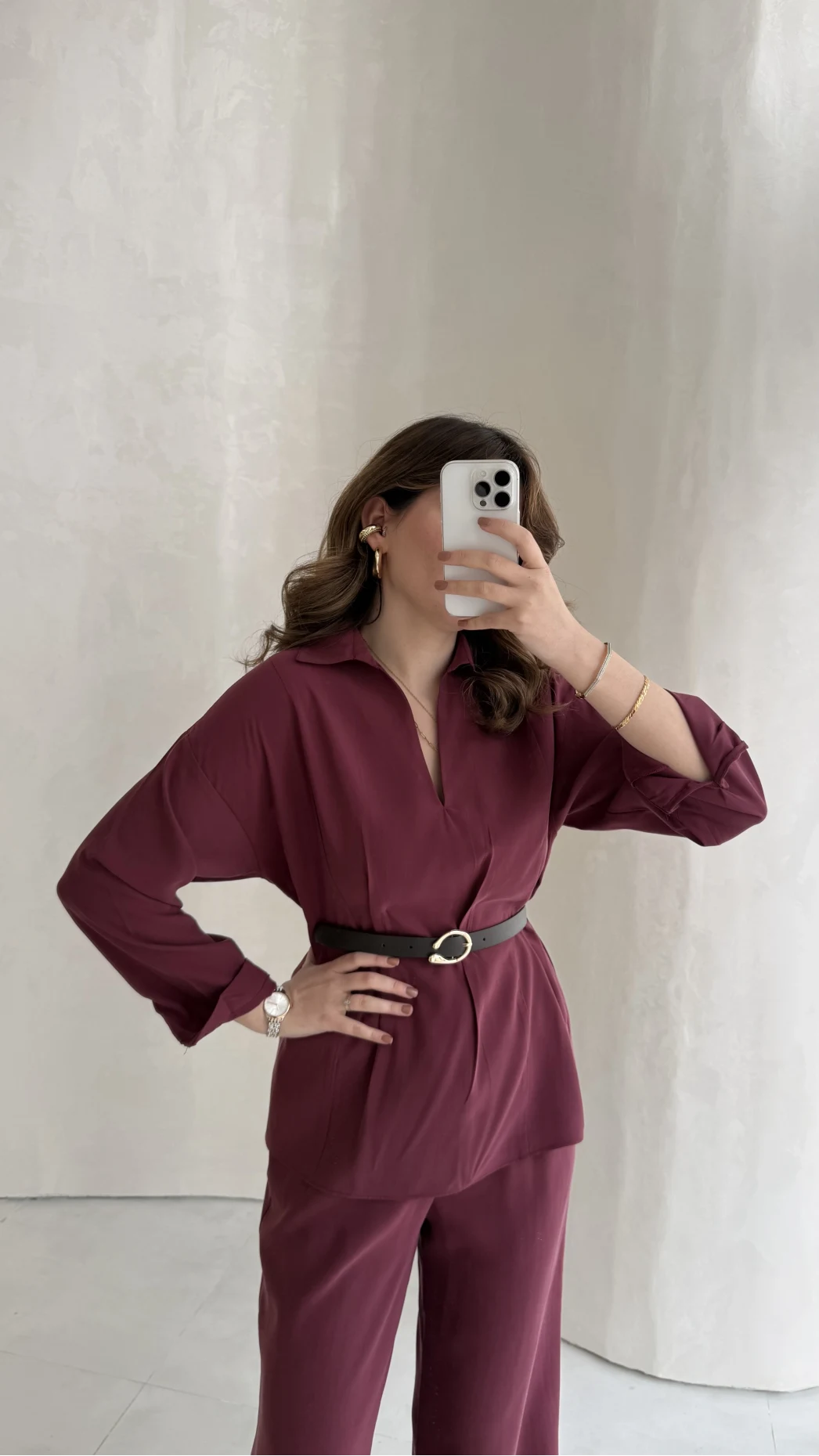 Kemerli Bel Detaylı Gömlek Pantolon Takım - Bordo - Kod: 58485