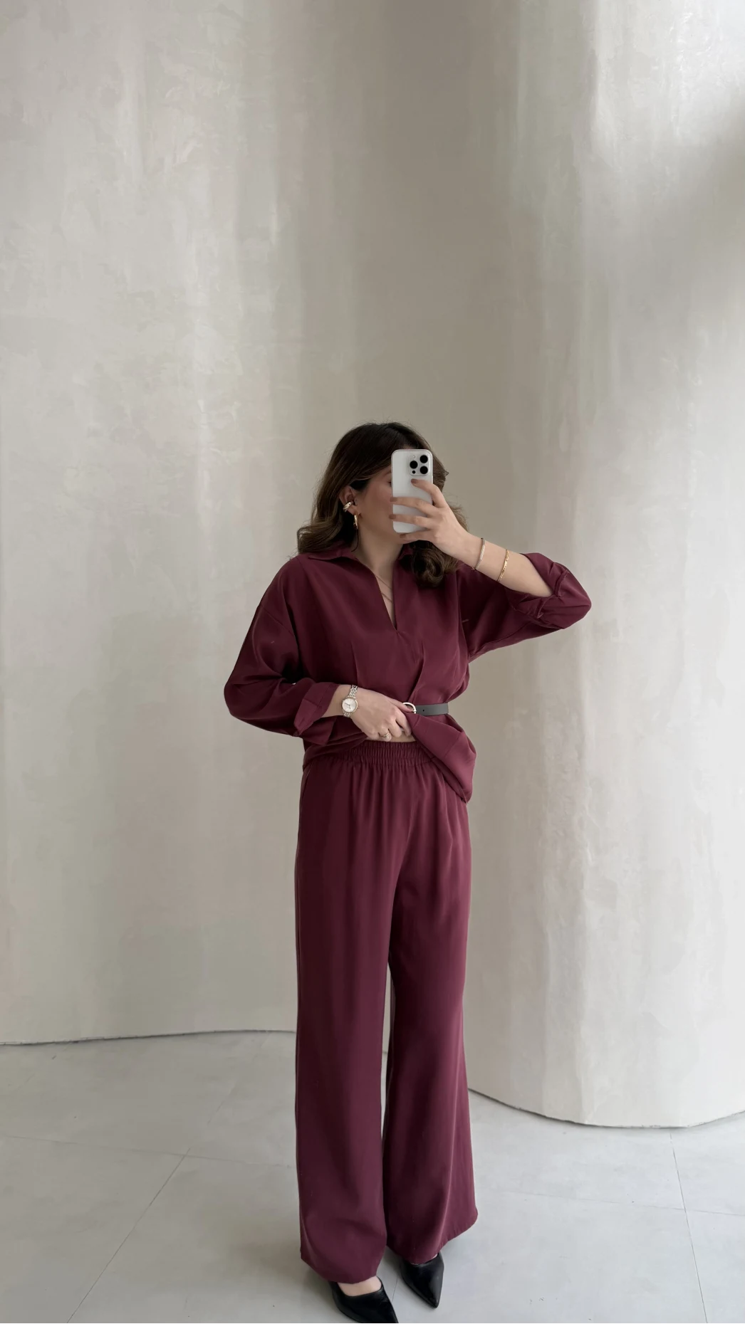 Kemerli Bel Detaylı Gömlek Pantolon Takım - Bordo - Kod: 58485