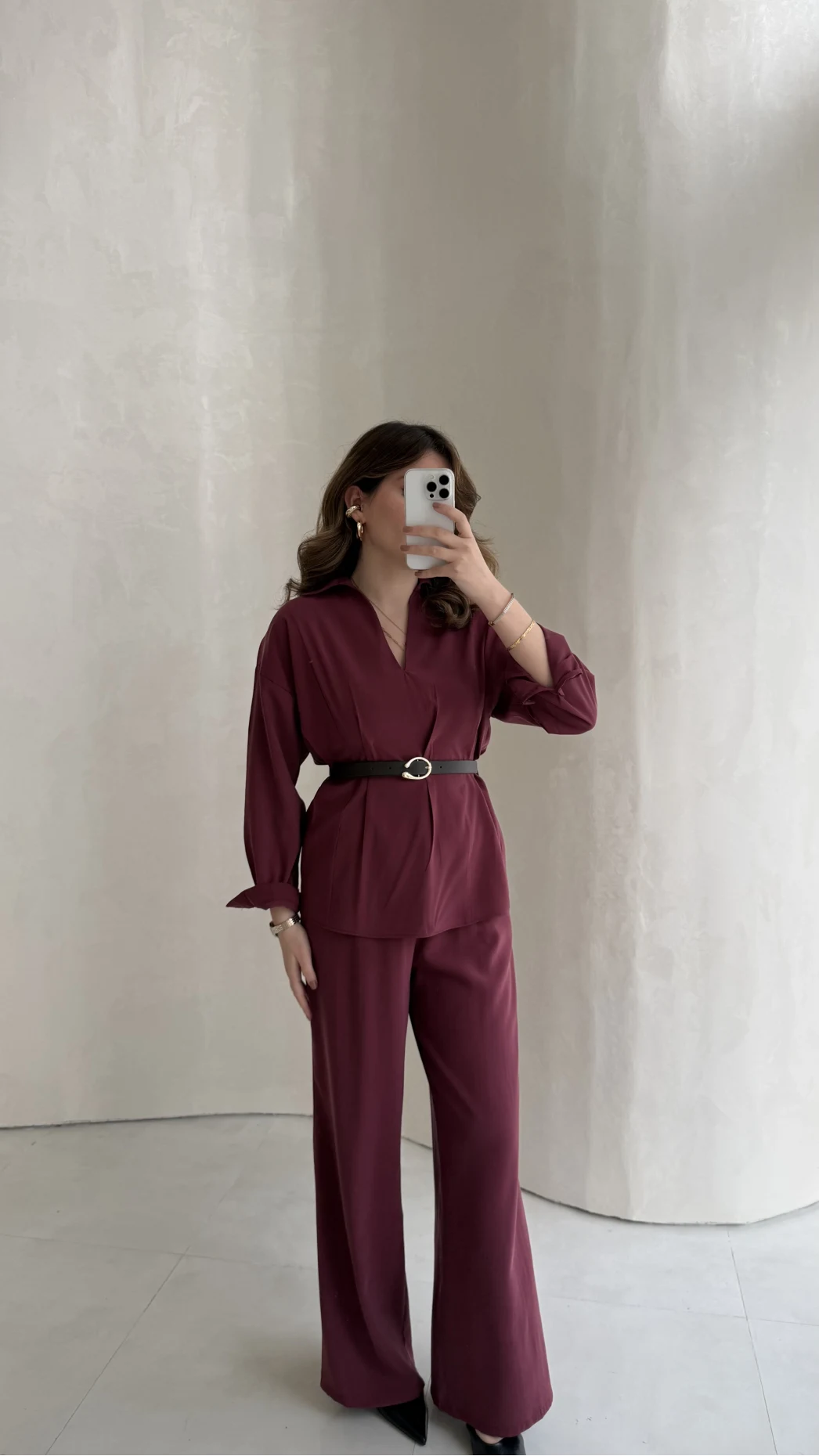 Kemerli Bel Detaylı Gömlek Pantolon Takım - Bordo - Kod: 58485