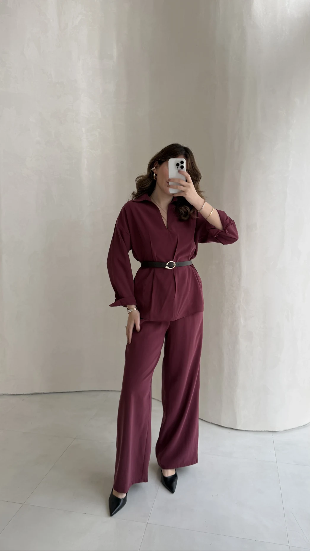 Kemerli Bel Detaylı Gömlek Pantolon Takım - Bordo - Kod: 58485