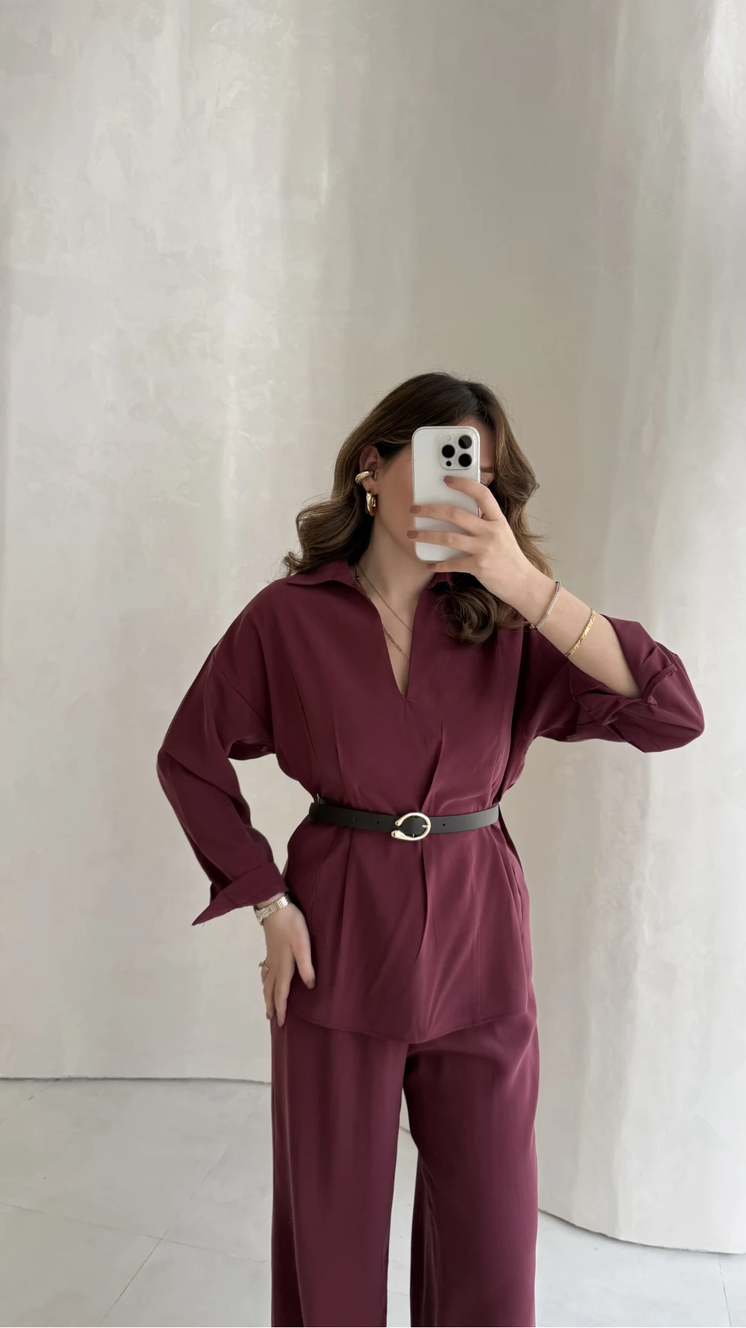 Kemerli Bel Detaylı Gömlek Pantolon Takım - Bordo - Kod: 58485