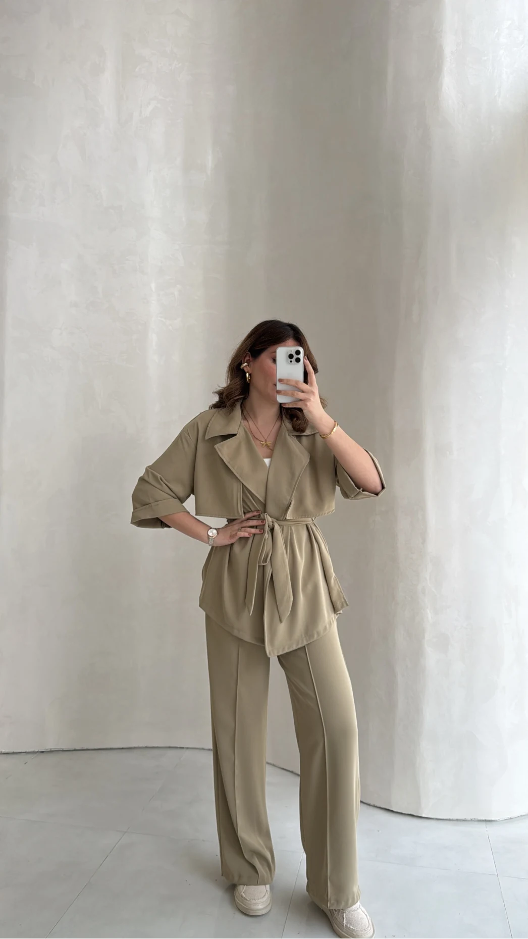 Dökümlü Beli Bağlamalı Takım - Haki - Kod: 8099