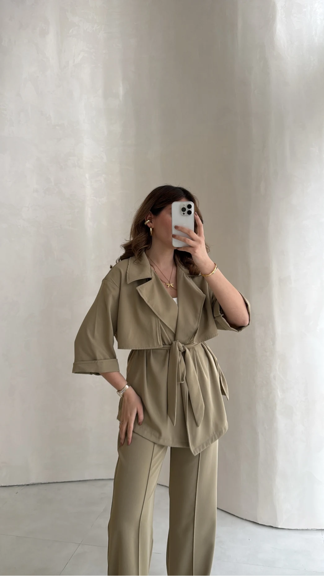 Dökümlü Beli Bağlamalı Takım - Haki - Kod: 8099